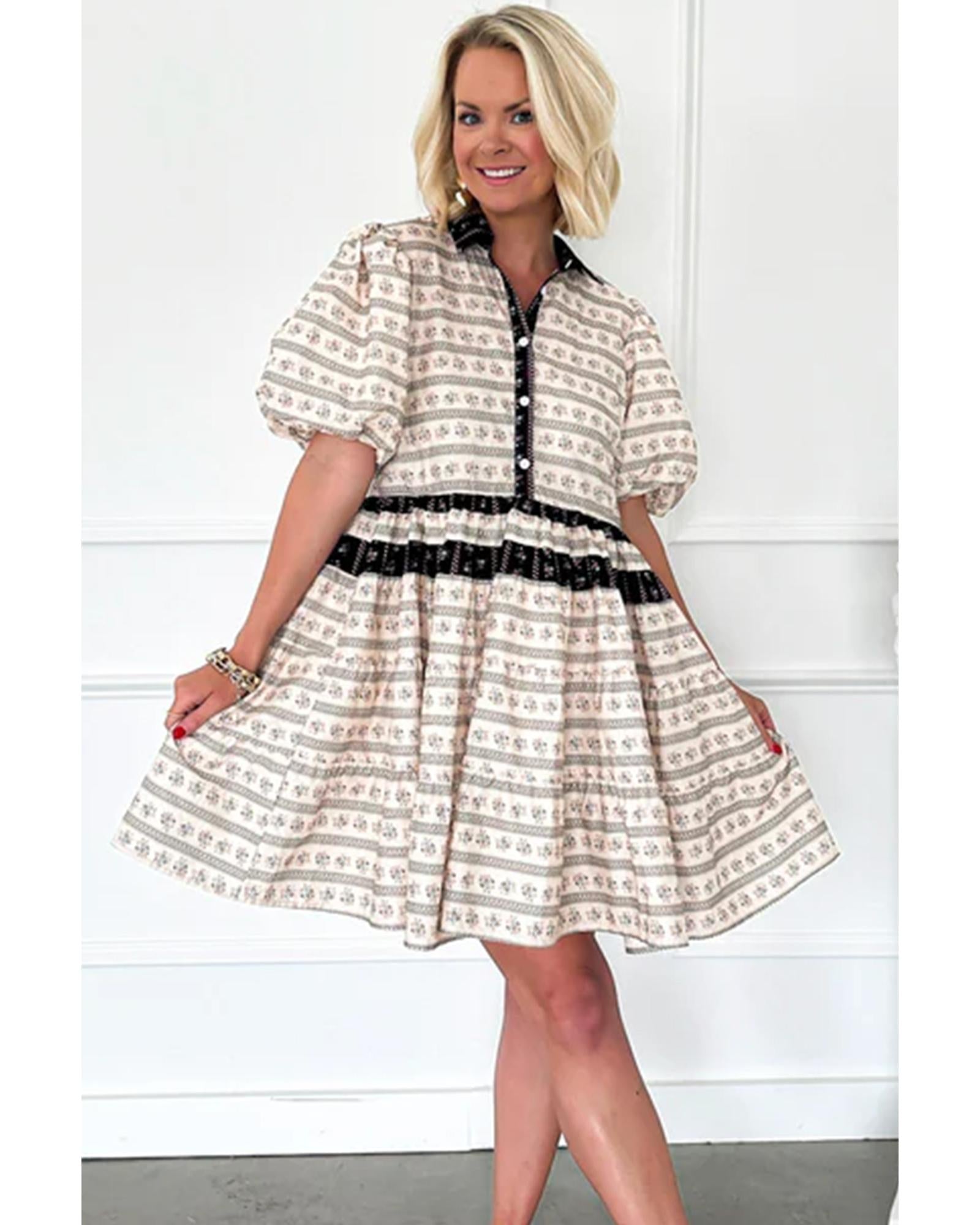 Black Boho Floral Striped Contrast Trim Bubble Sleeve Flared Dress - L