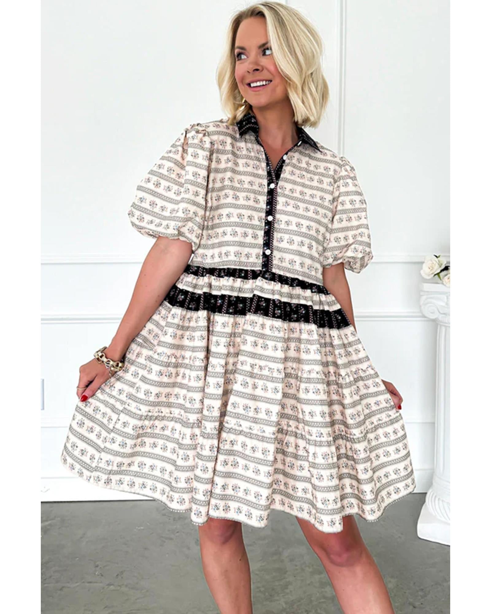 Black Boho Floral Striped Contrast Trim Bubble Sleeve Flared Dress - M