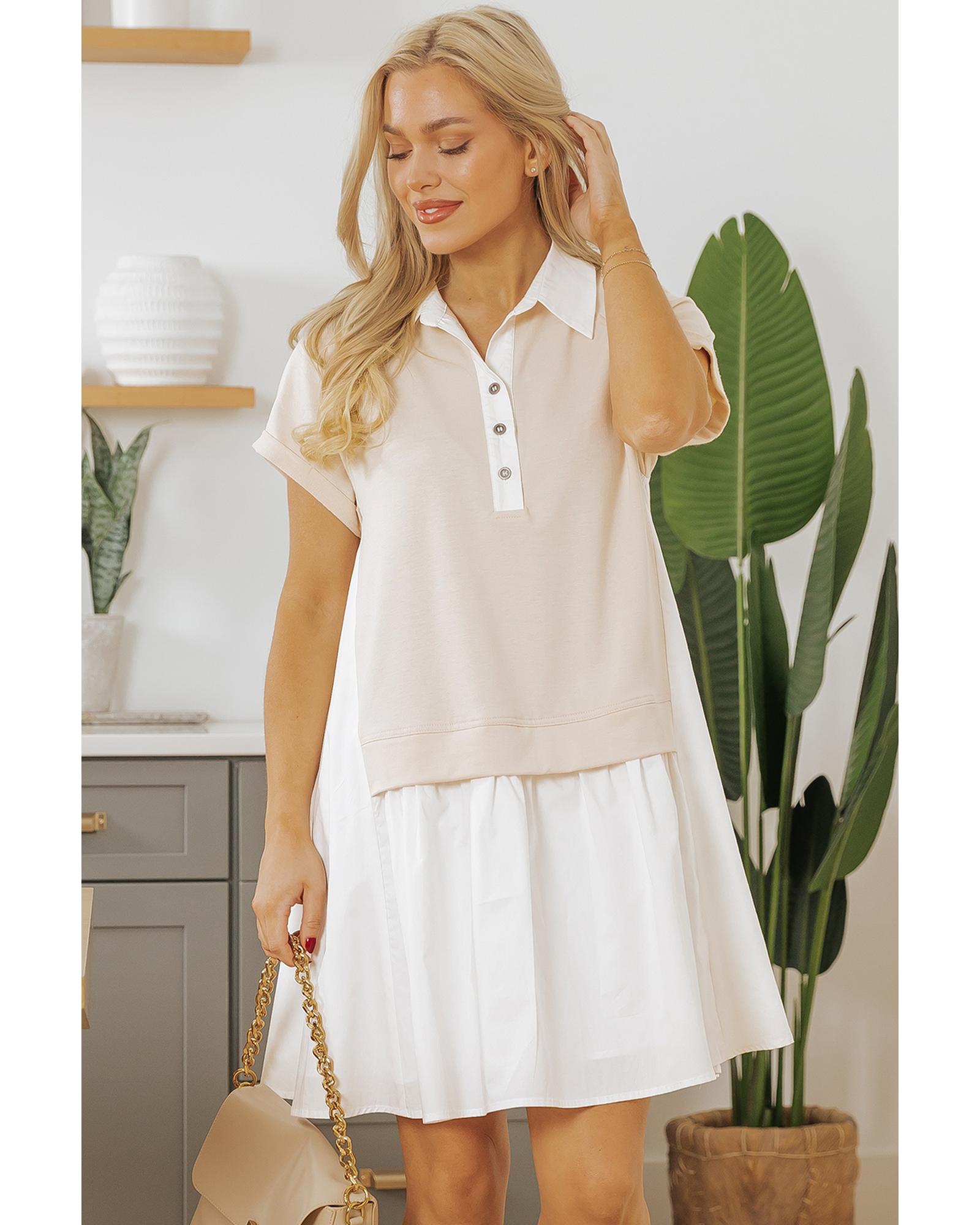 Jet Stream Shirt Collar Buttoned Patchwork Short Sleeve Mini Dress - M