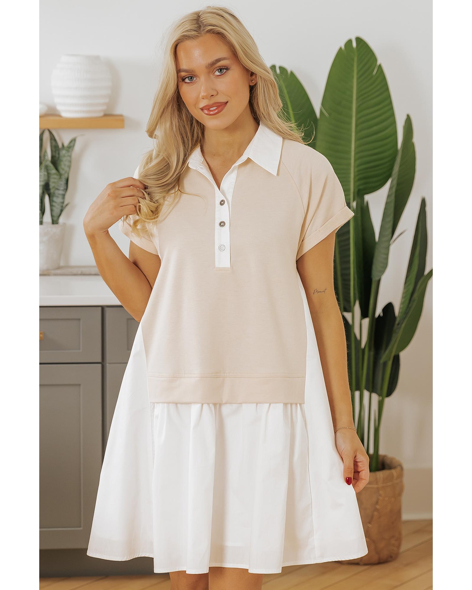 Jet Stream Shirt Collar Buttoned Patchwork Short Sleeve Mini Dress - M