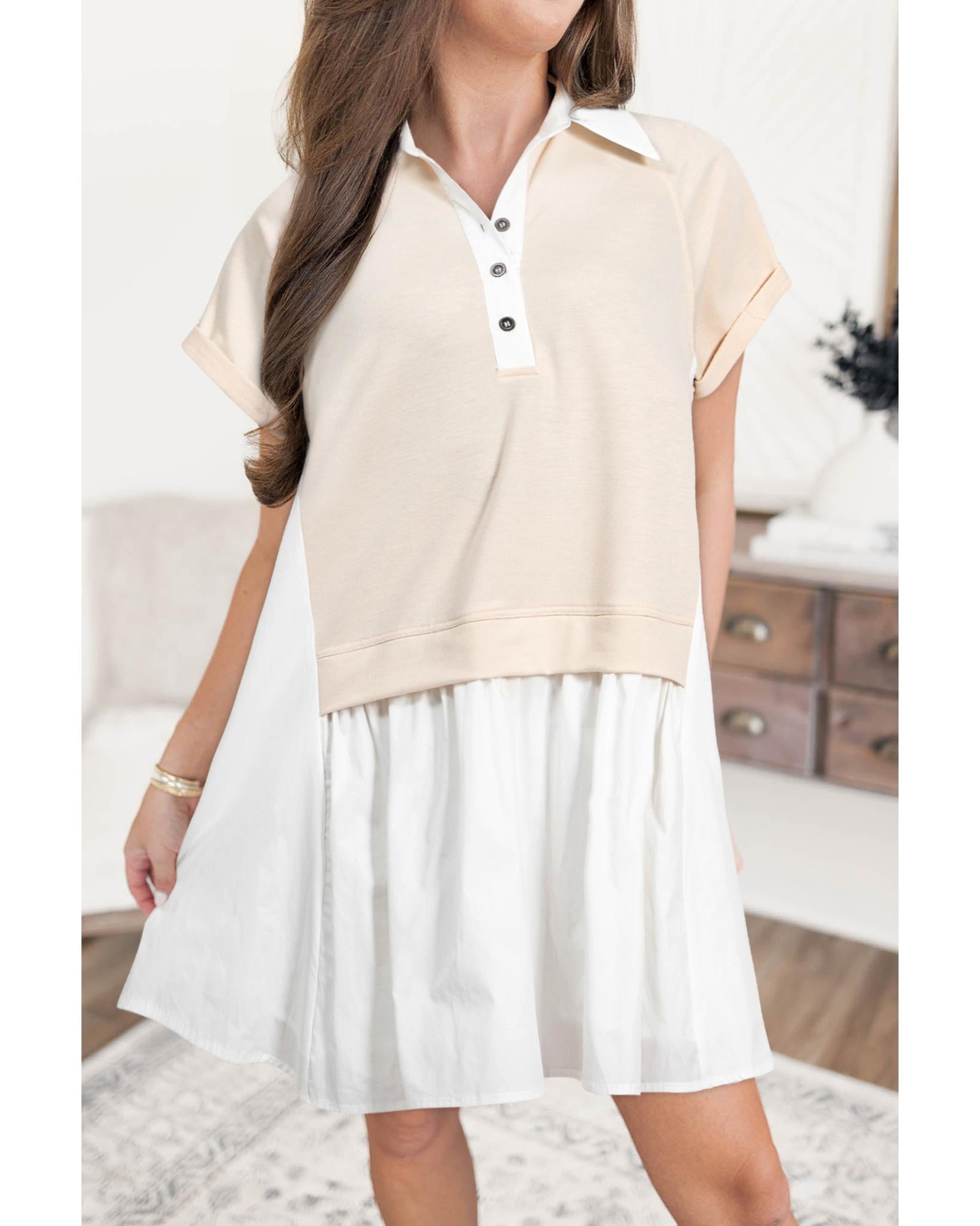 Jet Stream Shirt Collar Buttoned Patchwork Short Sleeve Mini Dress - M