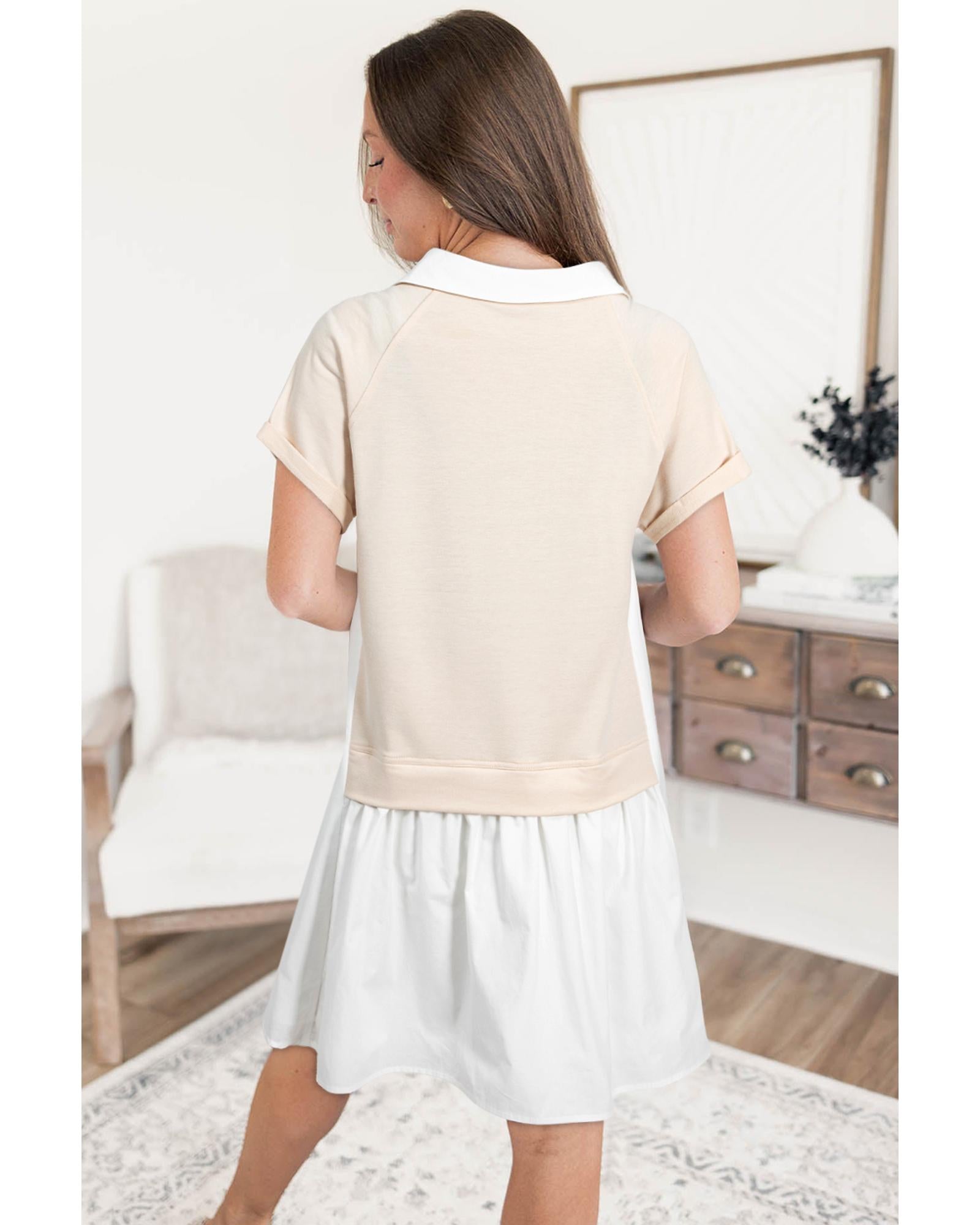 Jet Stream Shirt Collar Buttoned Patchwork Short Sleeve Mini Dress - S