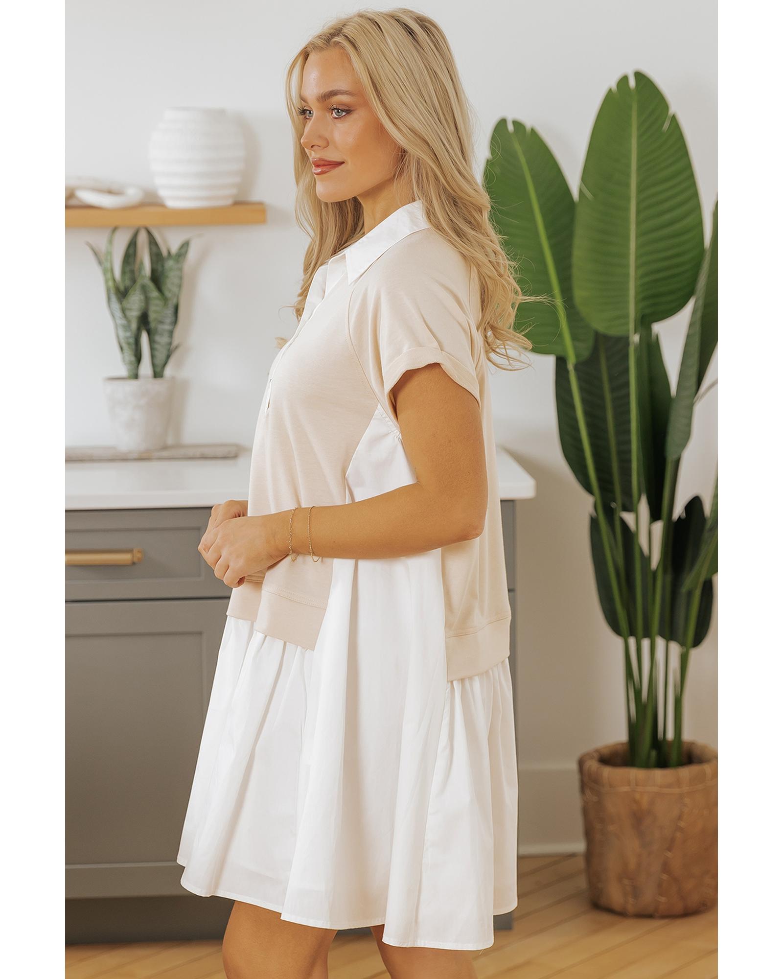 Jet Stream Shirt Collar Buttoned Patchwork Short Sleeve Mini Dress - XL