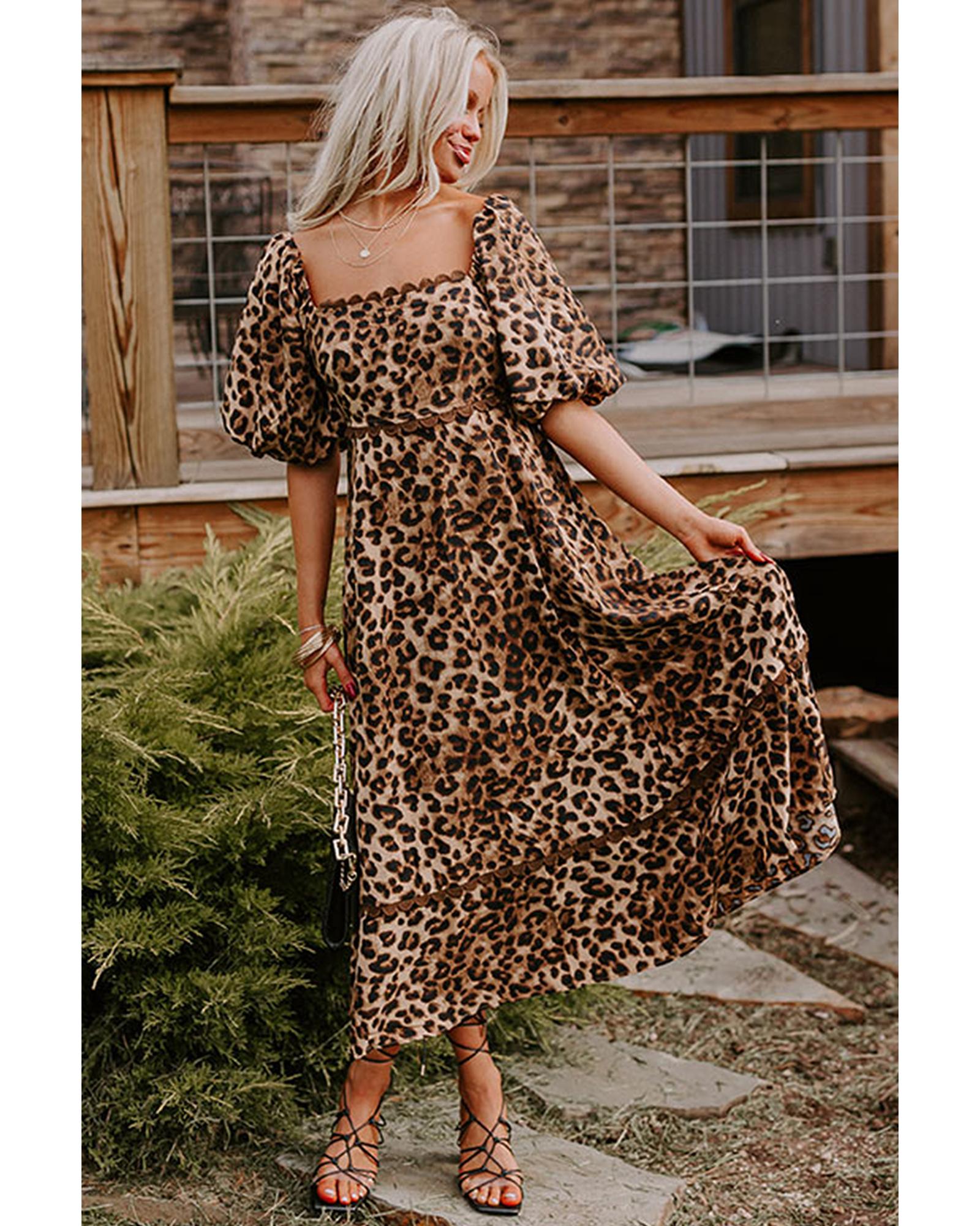 Brown Leopard Print Bubble Sleeve Square Neck Maxi Dress - L