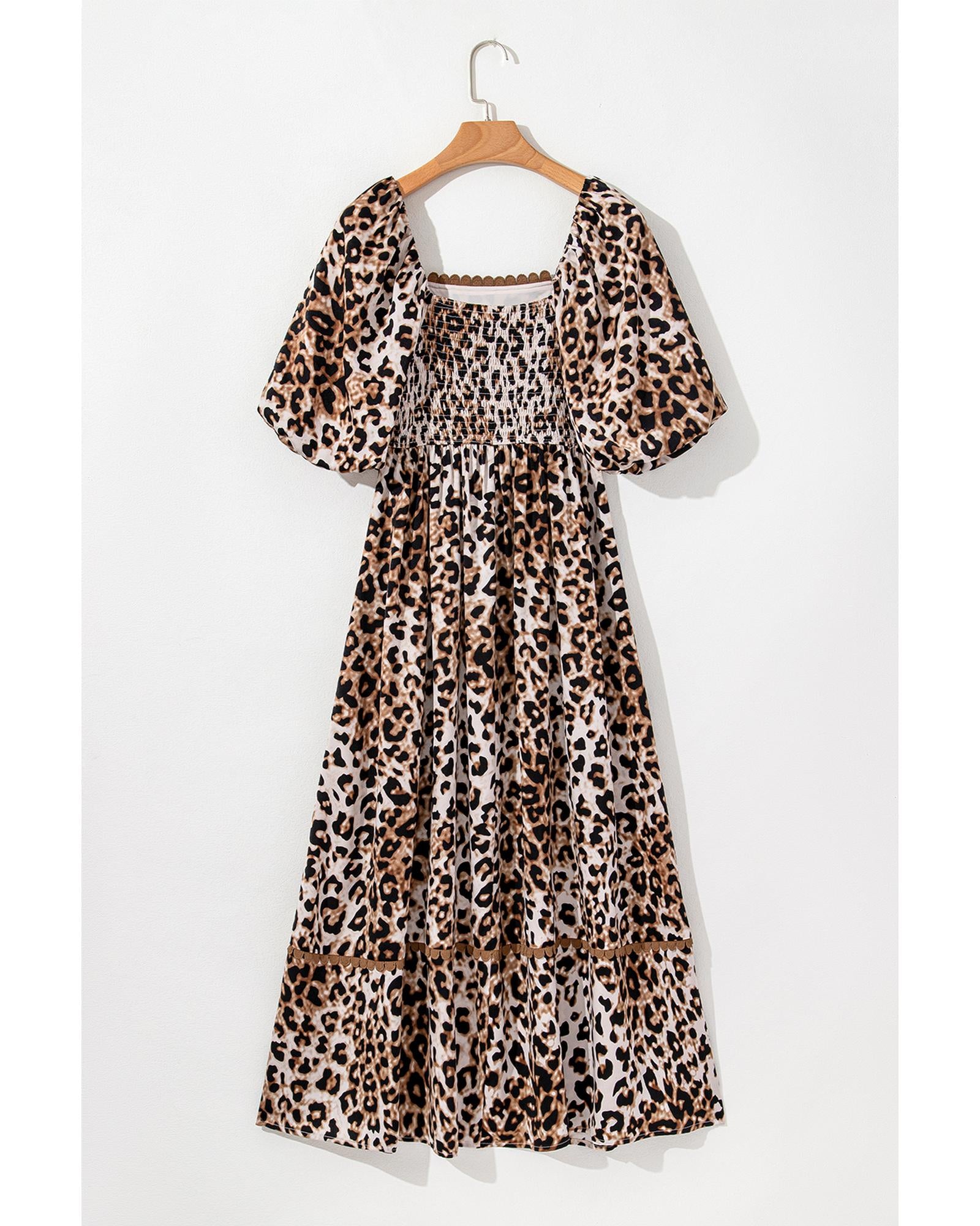 Brown Leopard Print Bubble Sleeve Square Neck Maxi Dress - M