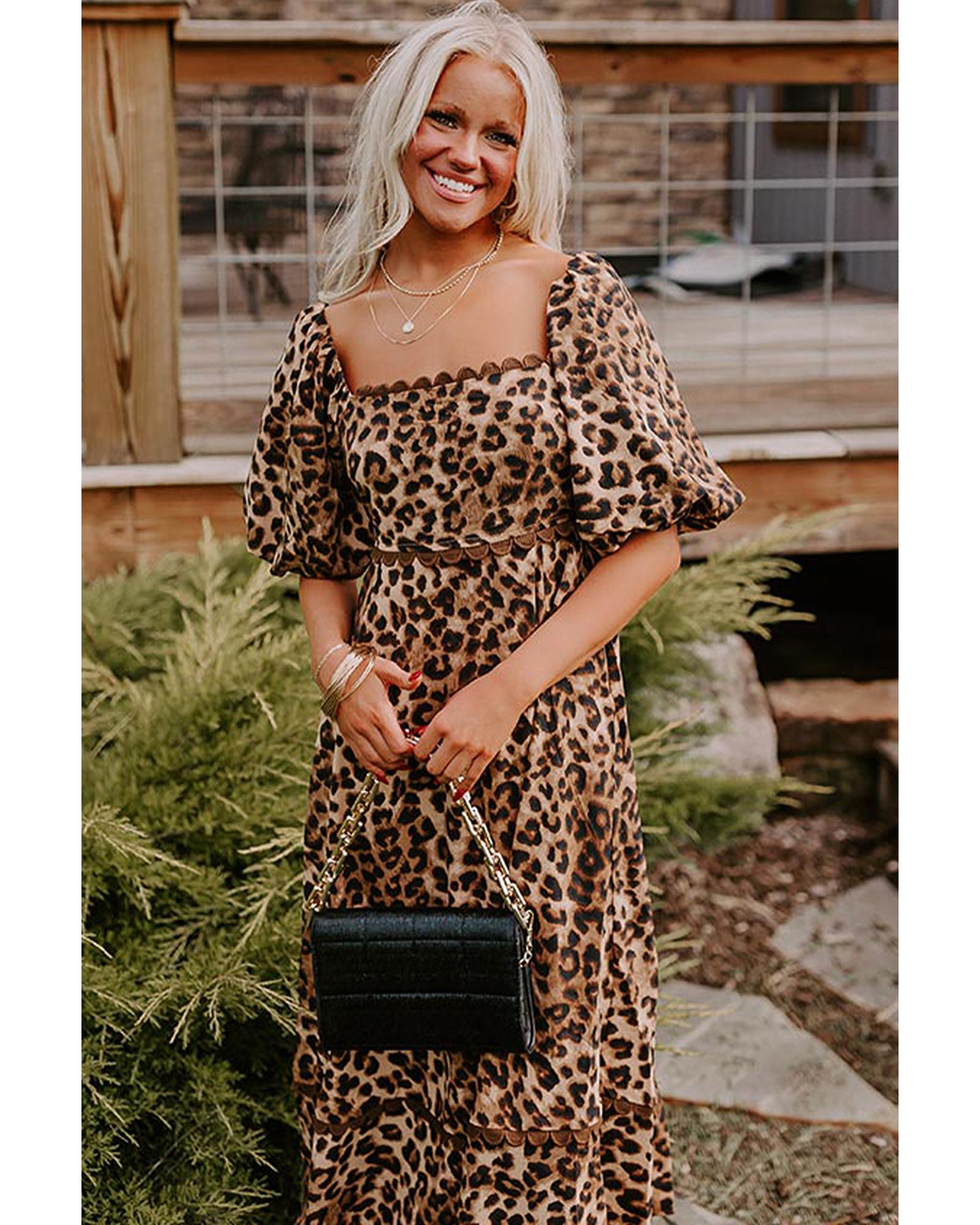 Brown Leopard Print Bubble Sleeve Square Neck Maxi Dress - XL