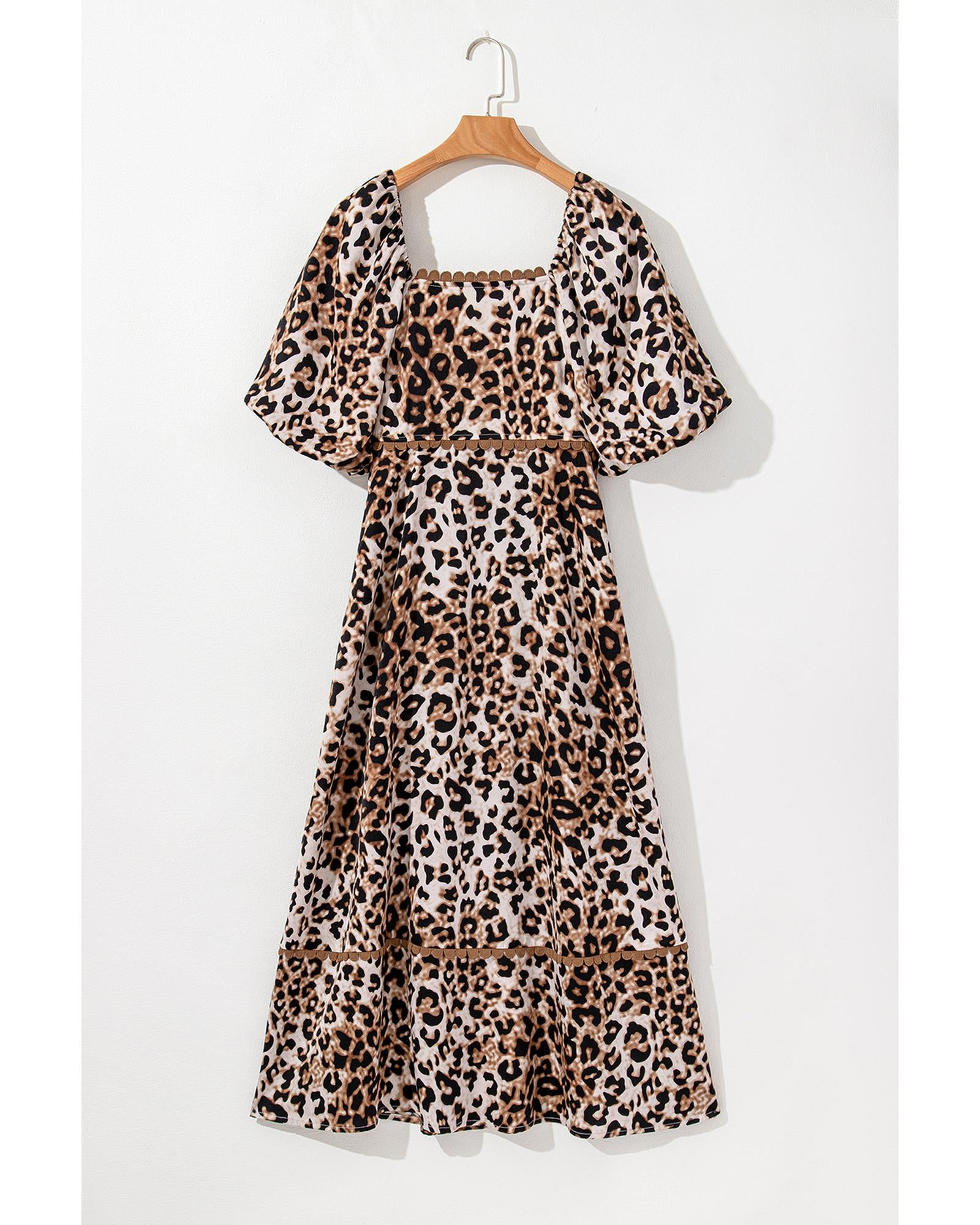 Brown Leopard Print Bubble Sleeve Square Neck Maxi Dress - XL