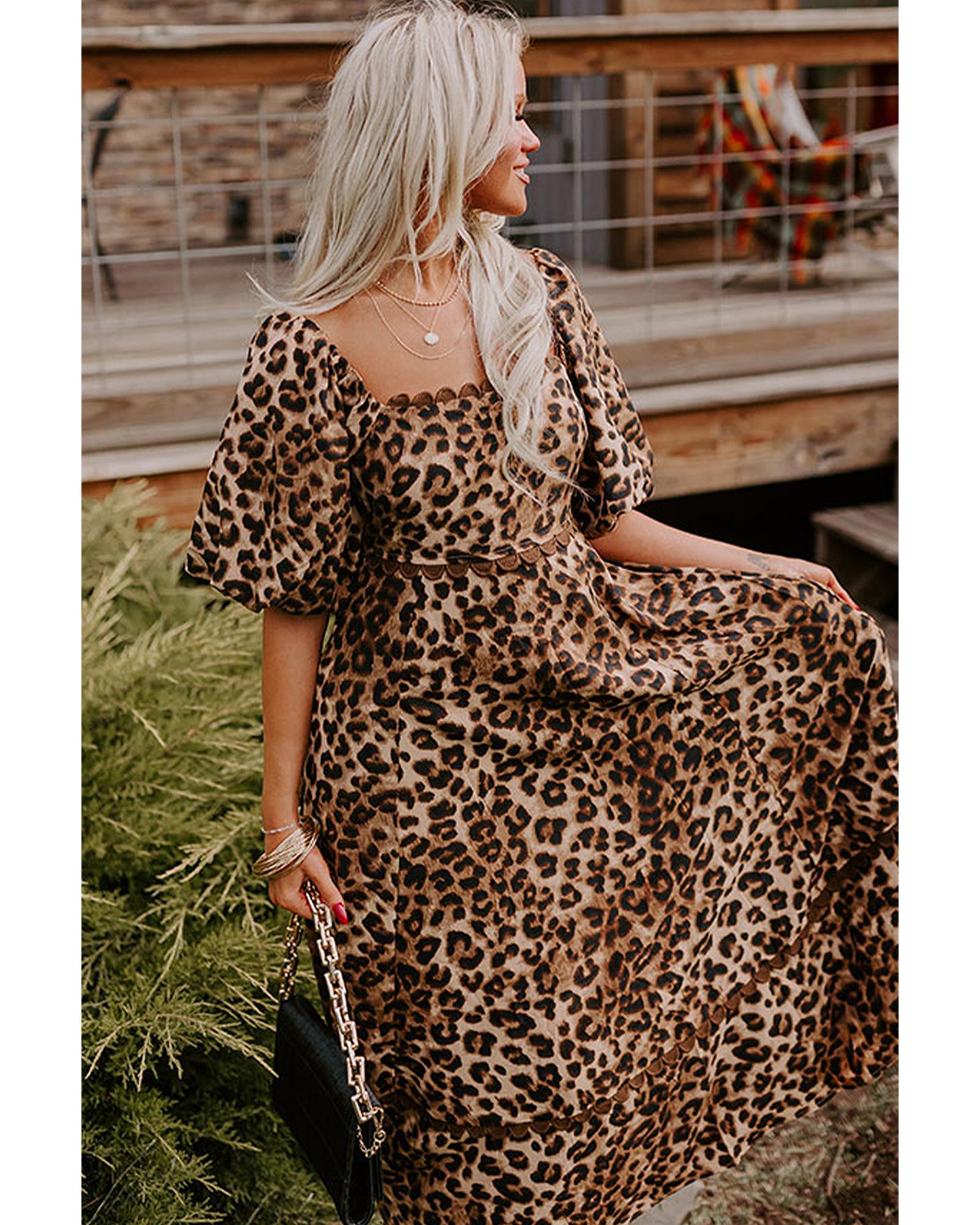 Brown Leopard Print Bubble Sleeve Square Neck Maxi Dress - XL