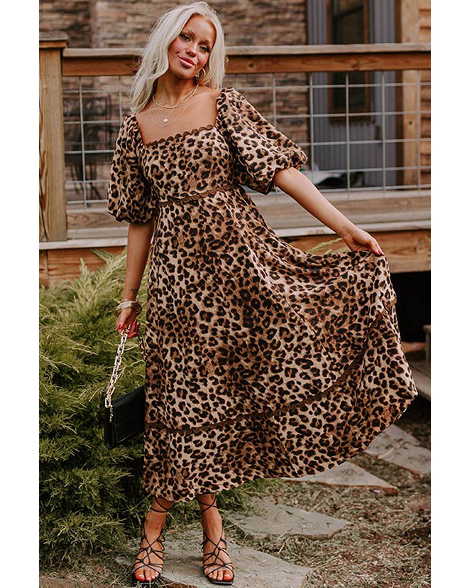 Brown Leopard Print Bubble Sleeve Square Neck Maxi Dress - XL