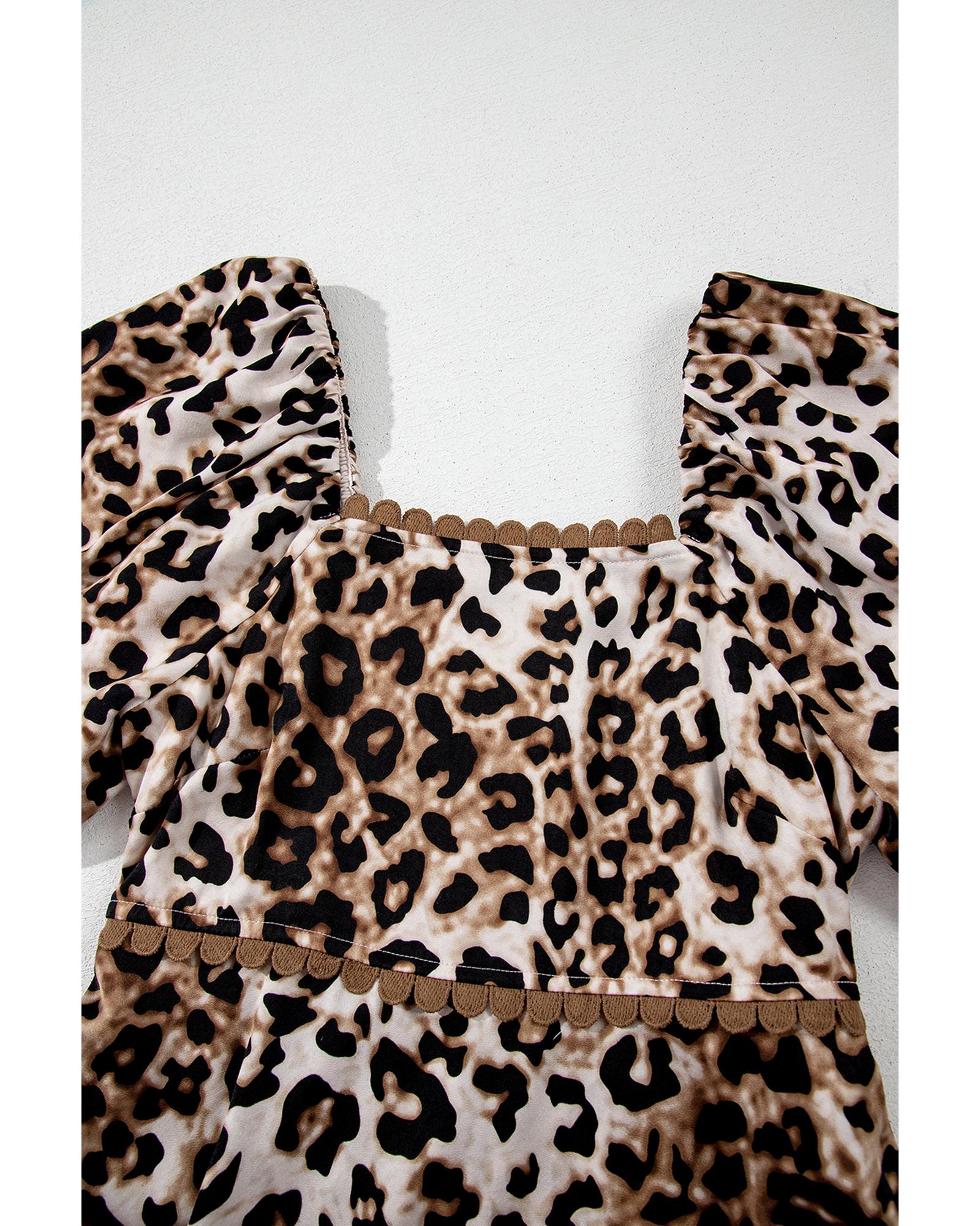 Brown Leopard Print Bubble Sleeve Square Neck Maxi Dress - XL