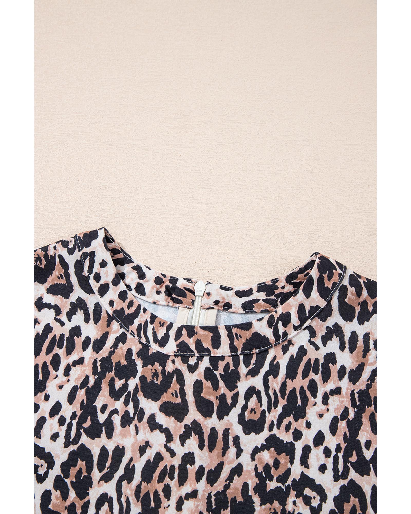 Brown Leopard Print Crew Neck Shift Short T Shirt Dress - L
