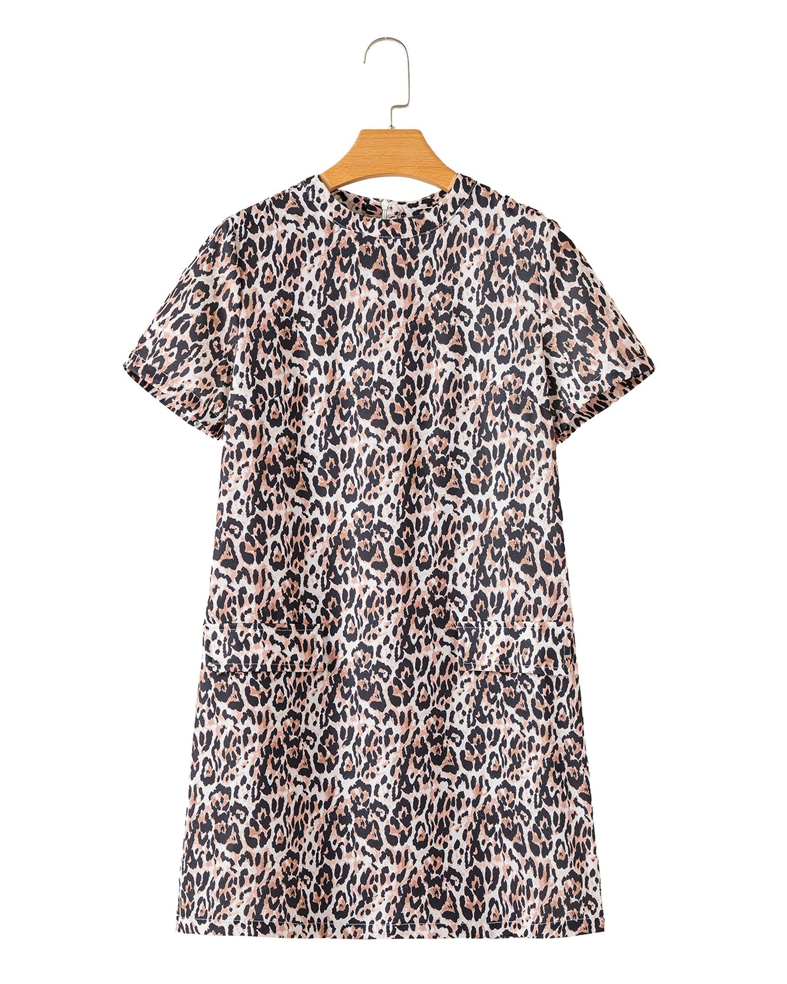 Brown Leopard Print Crew Neck Shift Short T Shirt Dress - L