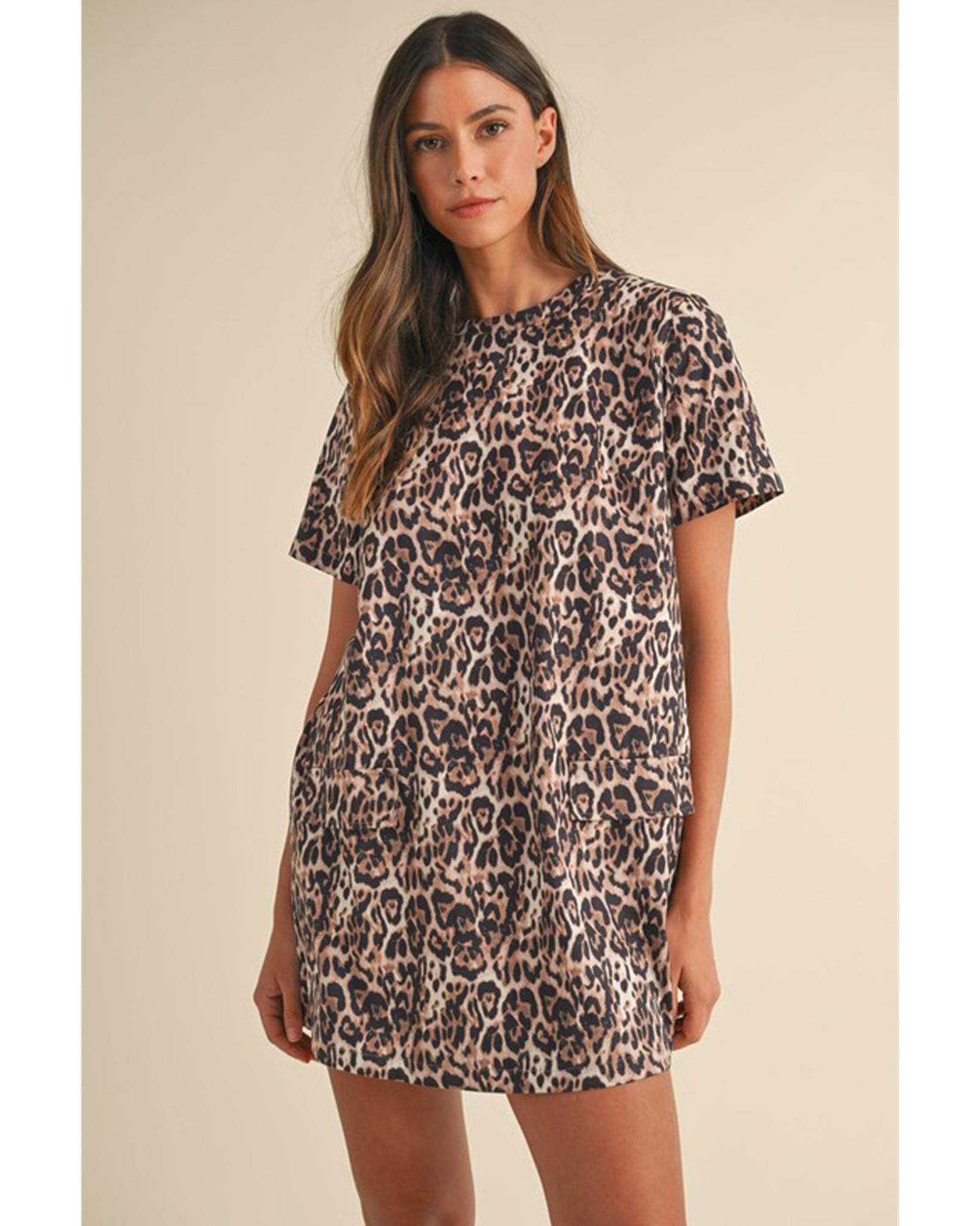 Brown Leopard Print Crew Neck Shift Short T Shirt Dress - S