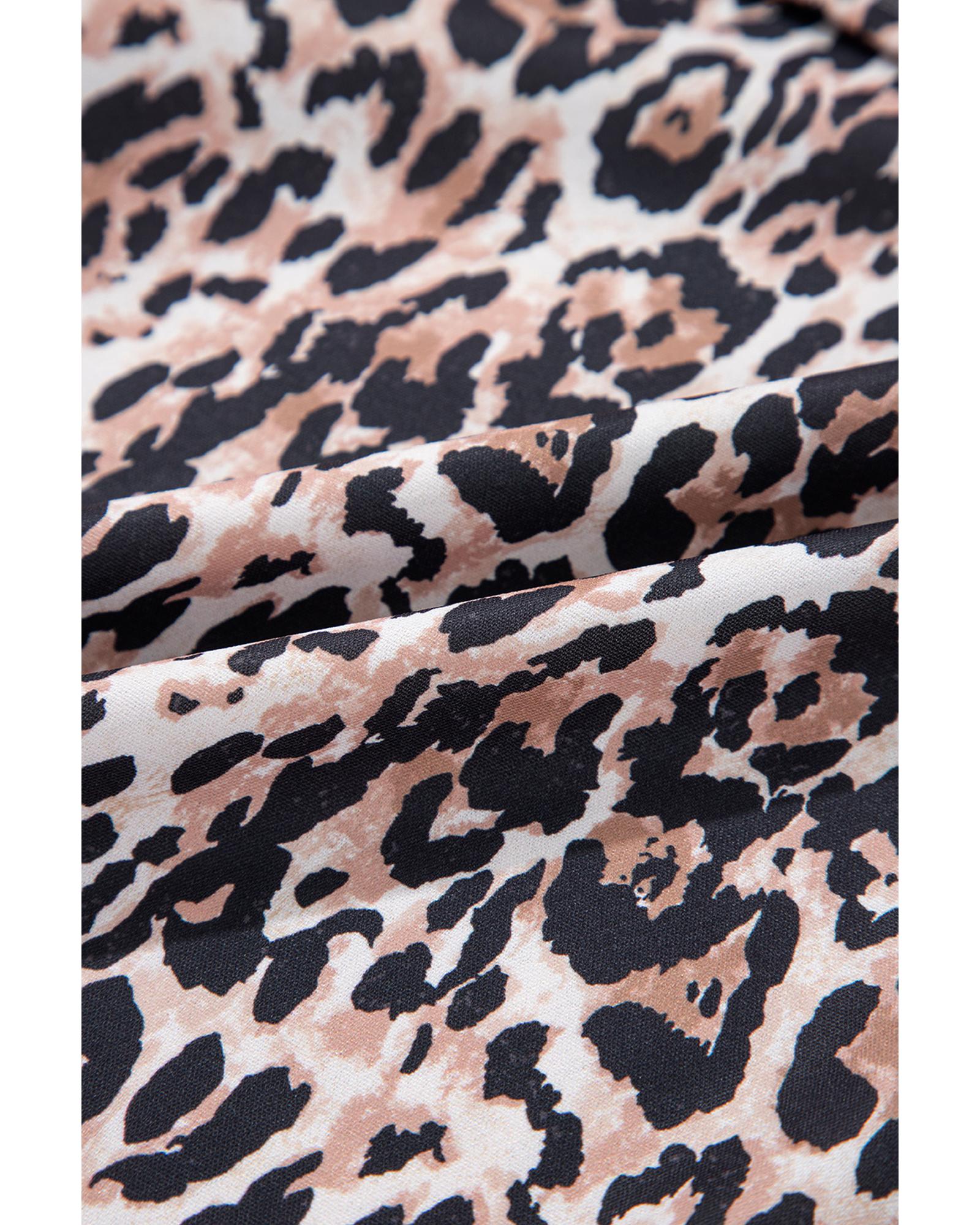 Brown Leopard Print Crew Neck Shift Short T Shirt Dress - S