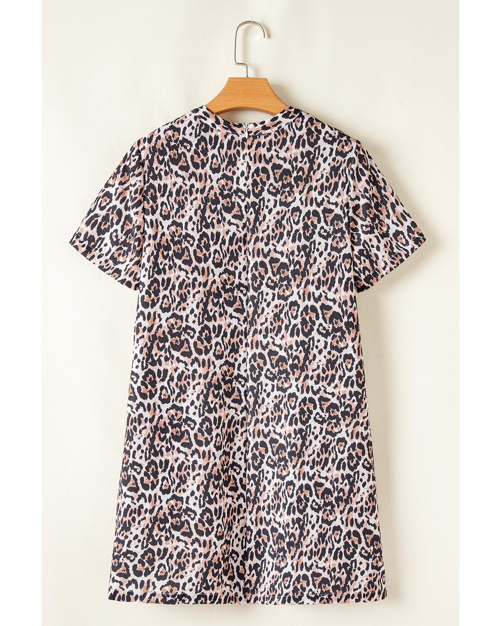 Brown Leopard Print Crew Neck Shift Short T Shirt Dress - XL