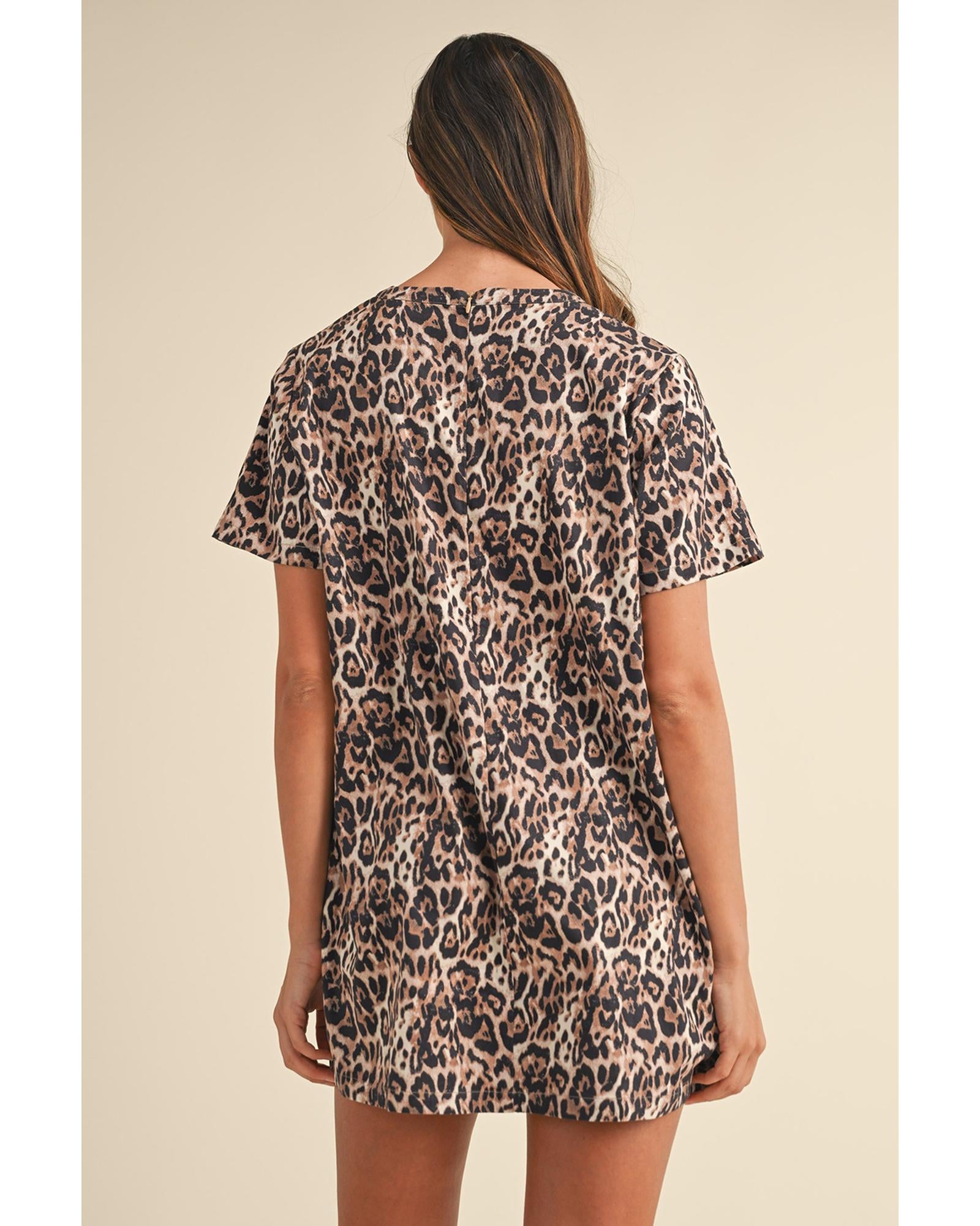 Brown Leopard Print Crew Neck Shift Short T Shirt Dress - XL