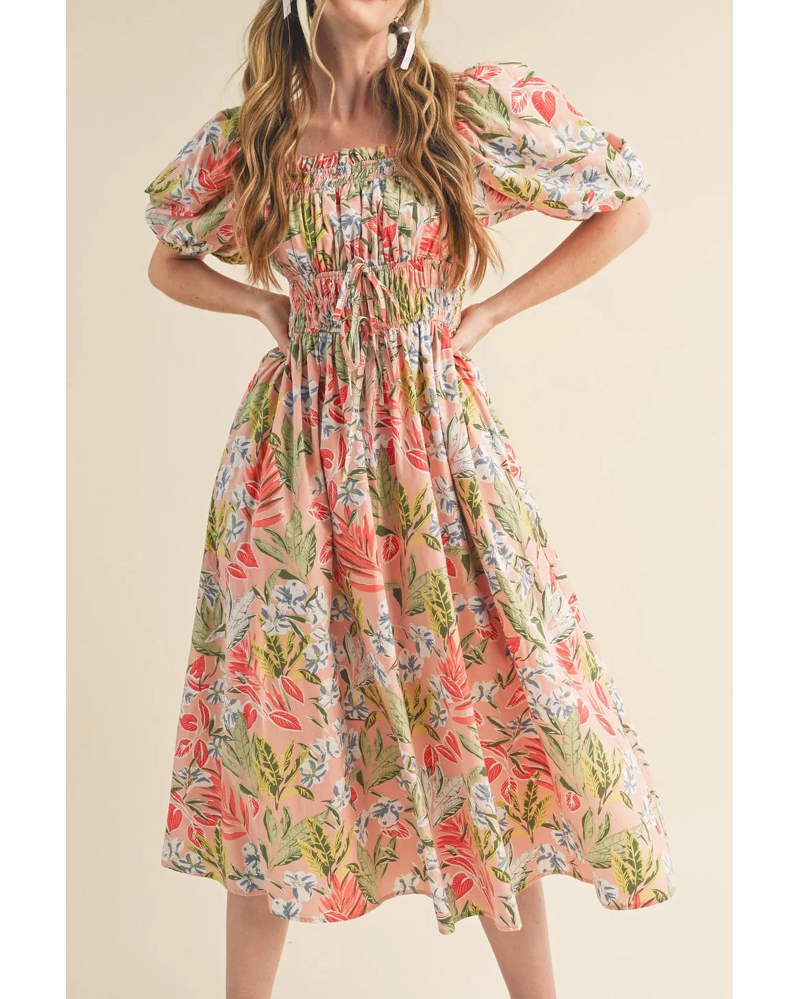 Apricot Pink Floral Smocked Bust Bubble Short Sleeve Maxi Dress - L
