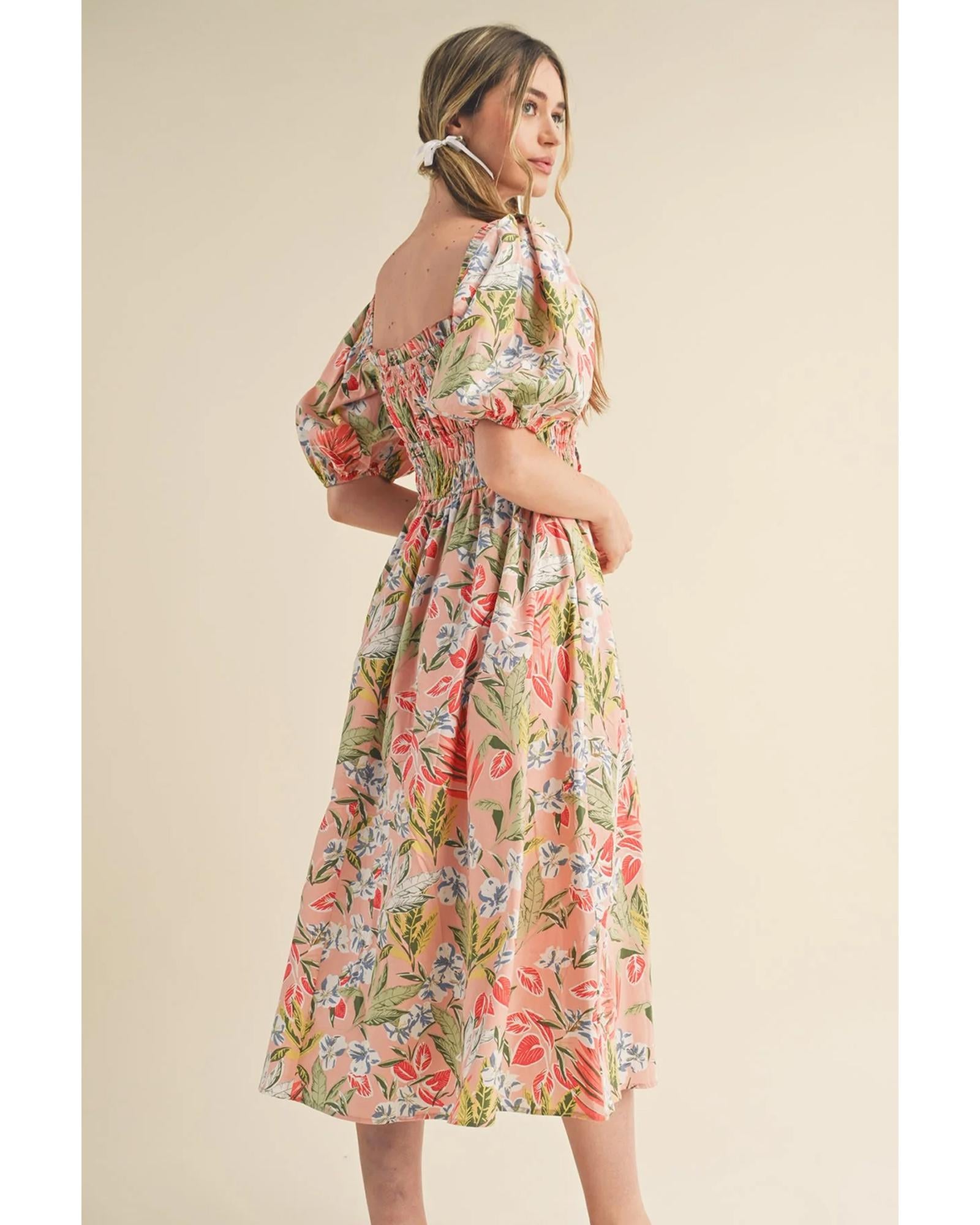 Apricot Pink Floral Smocked Bust Bubble Short Sleeve Maxi Dress - L