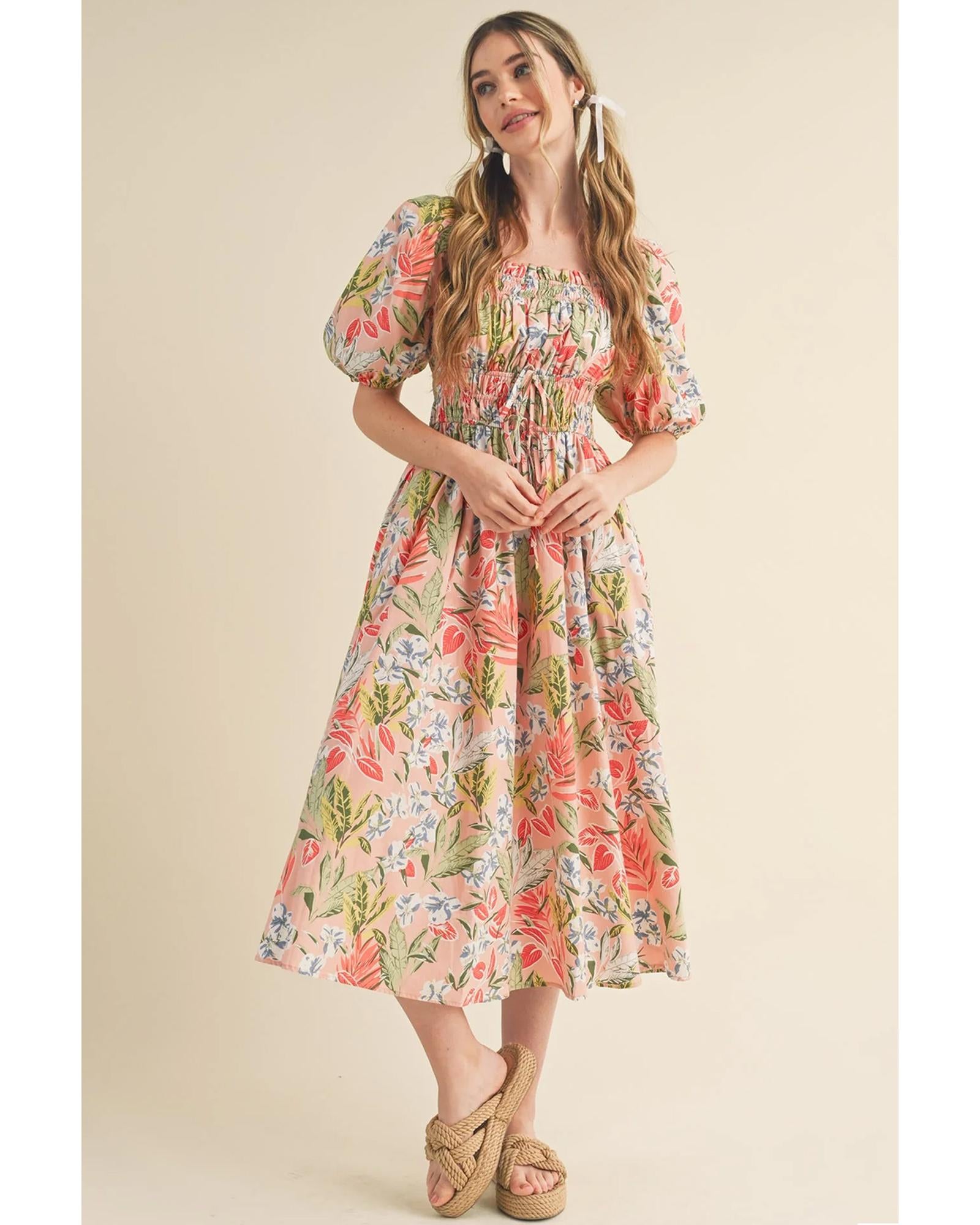 Apricot Pink Floral Smocked Bust Bubble Short Sleeve Maxi Dress - S