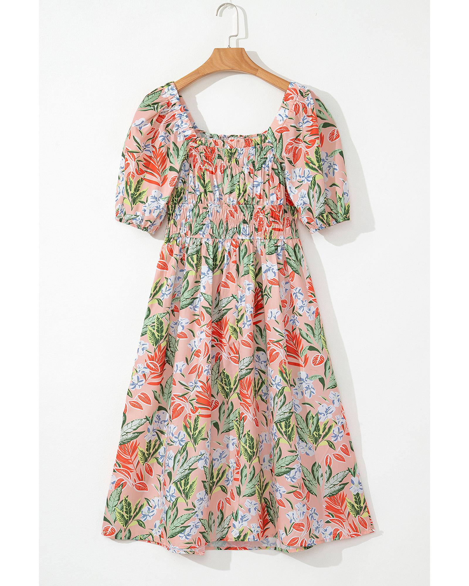 Apricot Pink Floral Smocked Bust Bubble Short Sleeve Maxi Dress - S