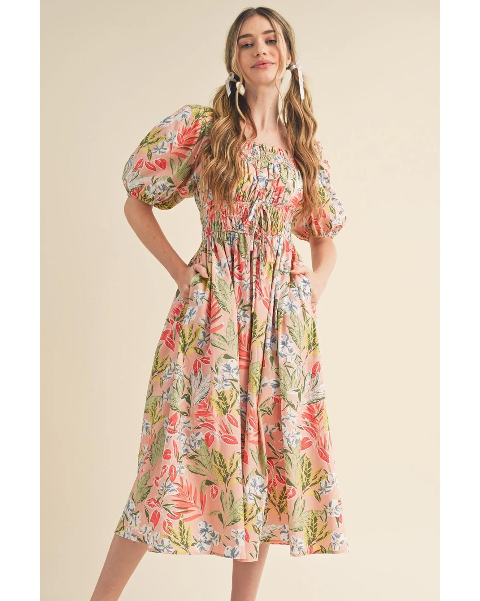 Apricot Pink Floral Smocked Bust Bubble Short Sleeve Maxi Dress - XL