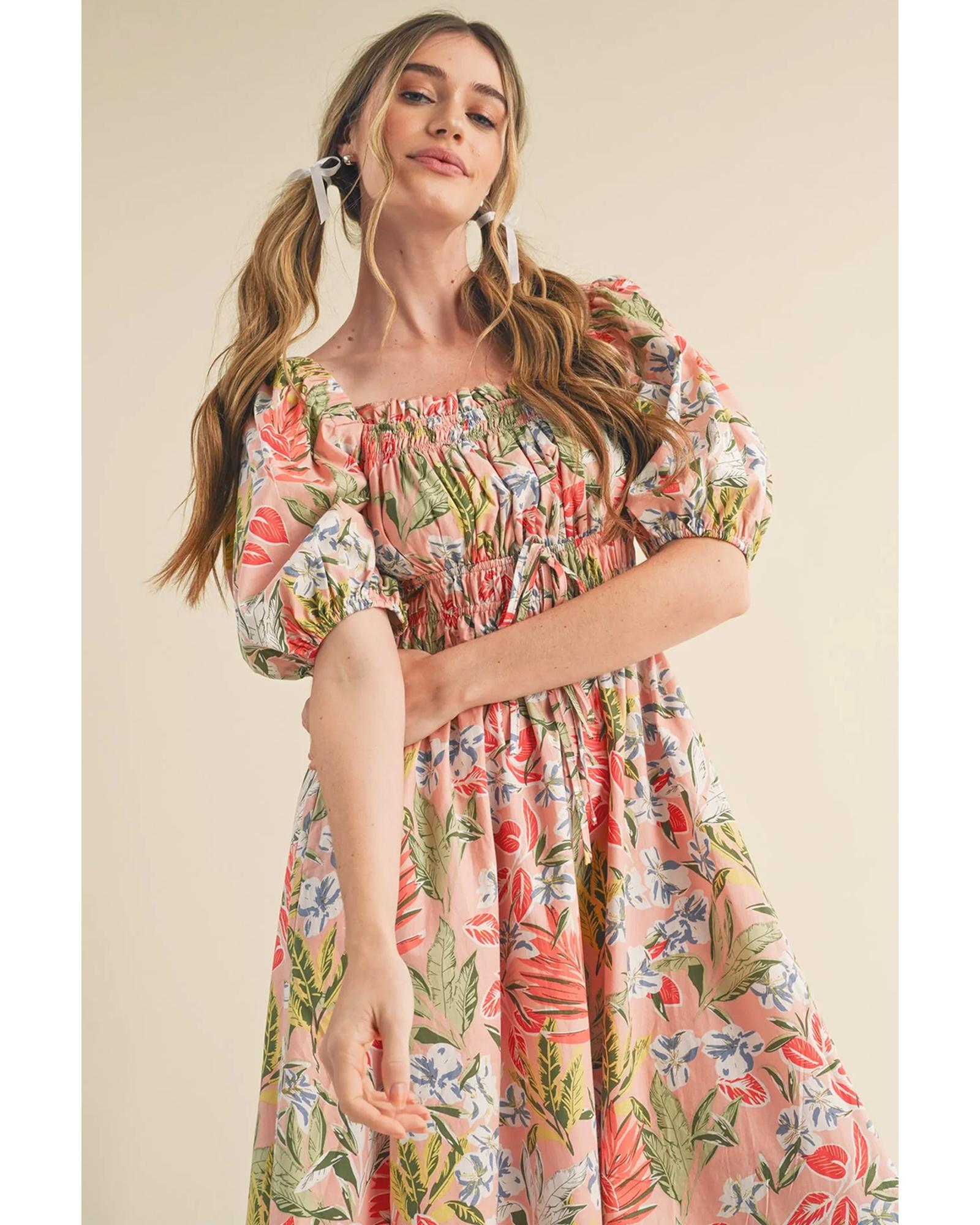 Apricot Pink Floral Smocked Bust Bubble Short Sleeve Maxi Dress - XL