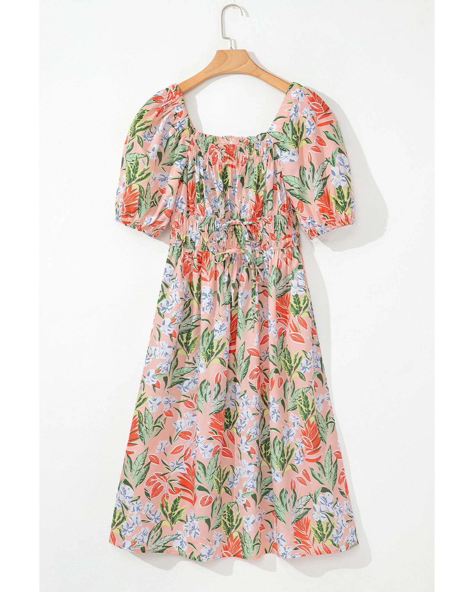 Apricot Pink Floral Smocked Bust Bubble Short Sleeve Maxi Dress - XL