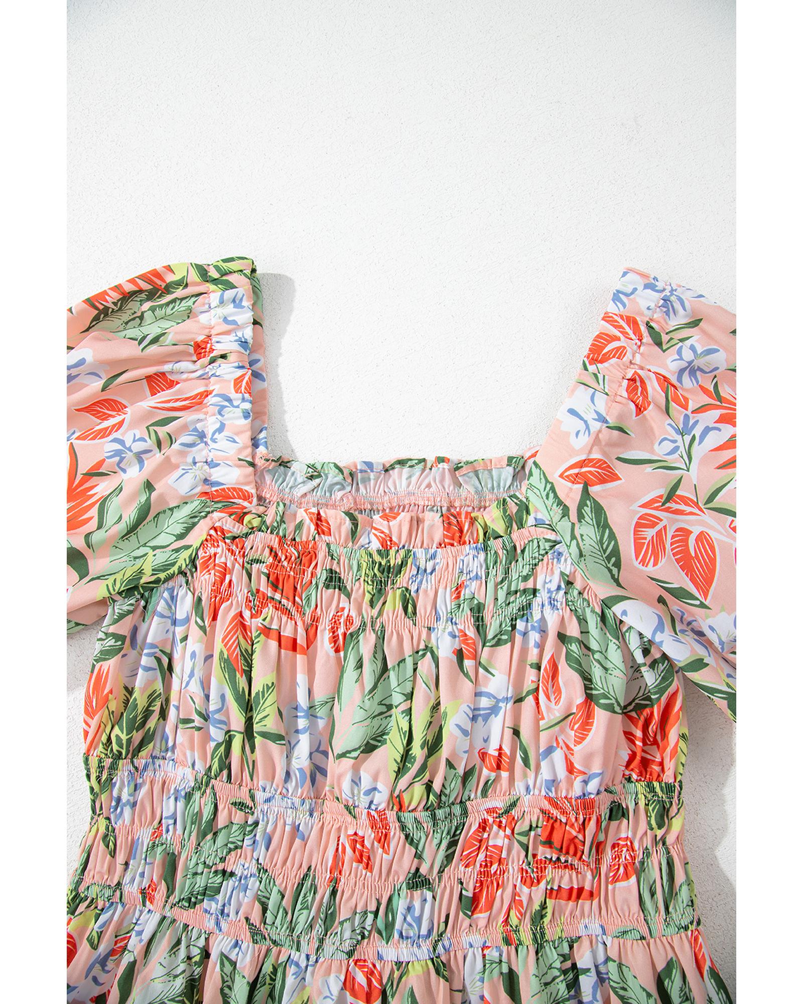 Apricot Pink Floral Smocked Bust Bubble Short Sleeve Maxi Dress - XL