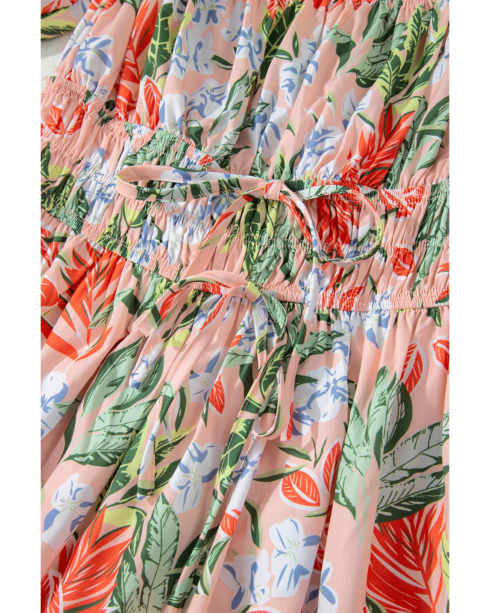 Apricot Pink Floral Smocked Bust Bubble Short Sleeve Maxi Dress - XL