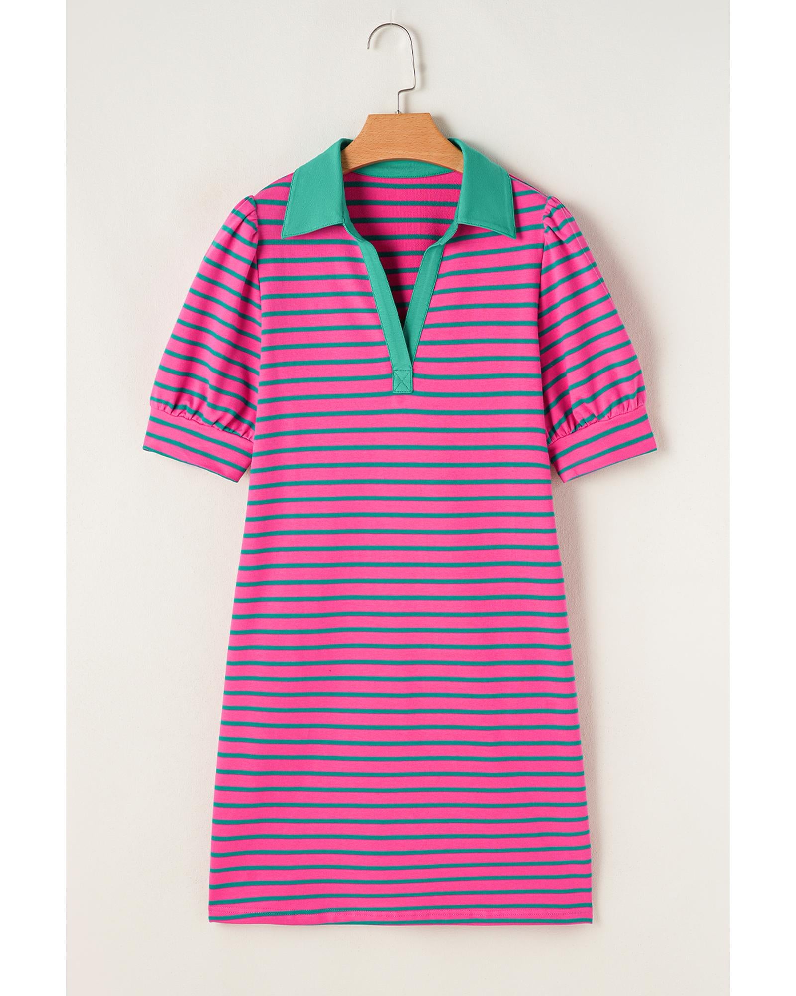 Azura Exchange Pink Stripe Collared V Neck Puff Sleeve T Shirt Dress - L