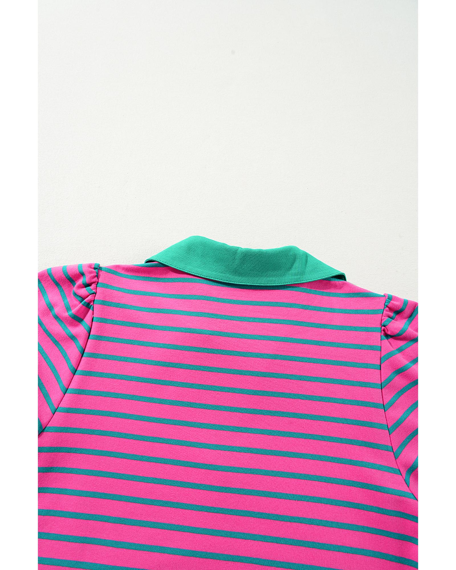 Azura Exchange Pink Stripe Collared V Neck Puff Sleeve T Shirt Dress - L