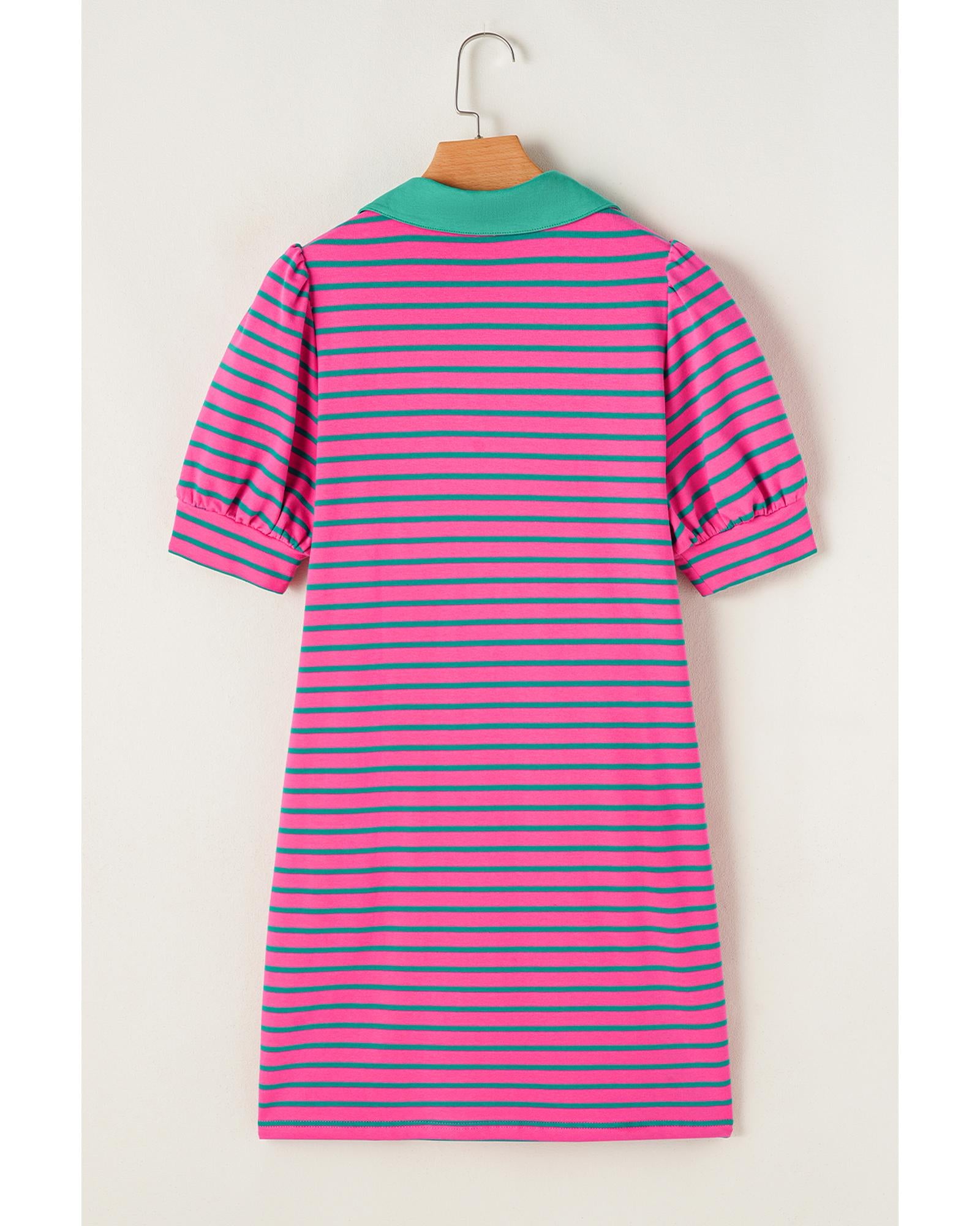 Azura Exchange Pink Stripe Collared V Neck Puff Sleeve T Shirt Dress - L