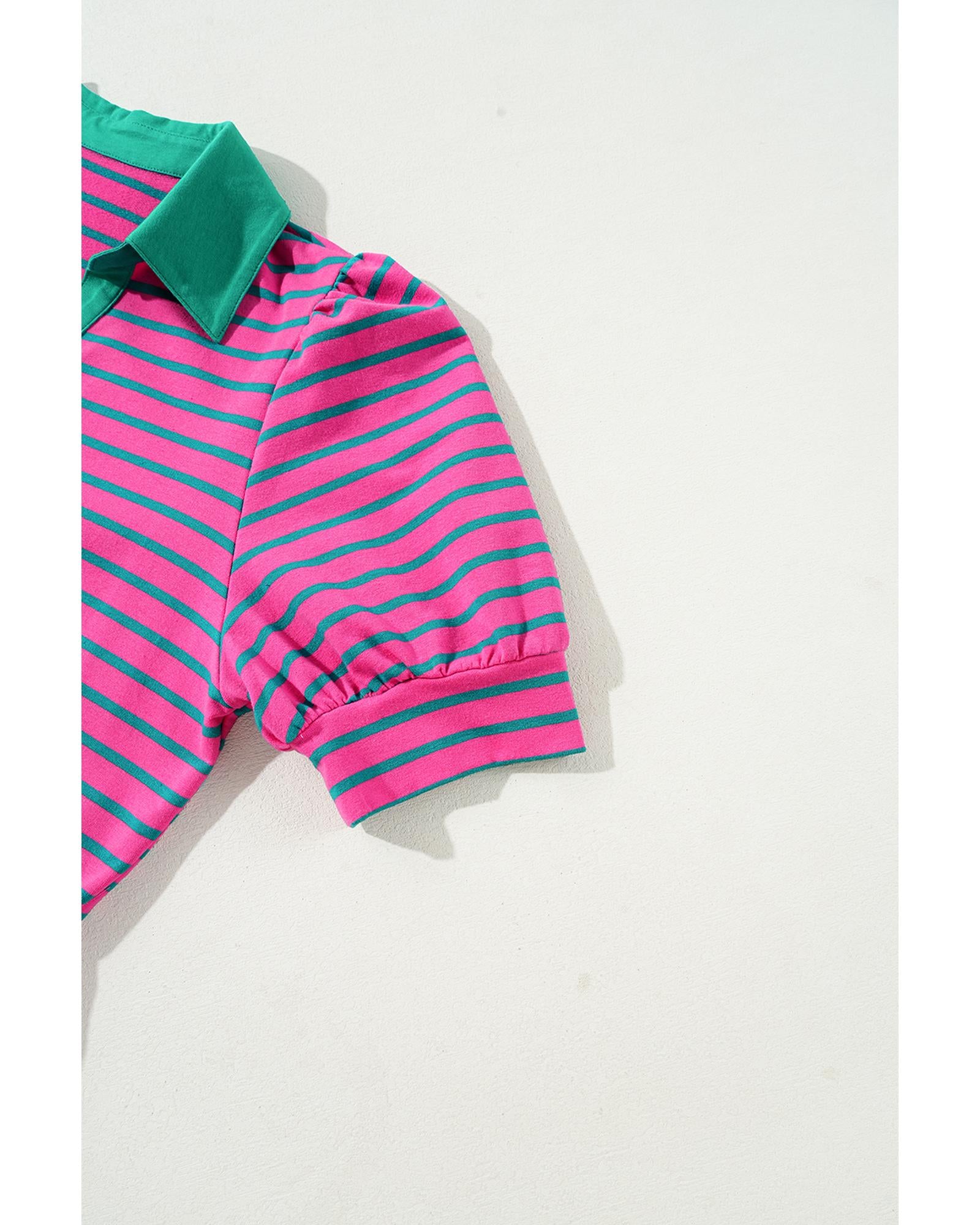 Azura Exchange Pink Stripe Collared V Neck Puff Sleeve T Shirt Dress - M