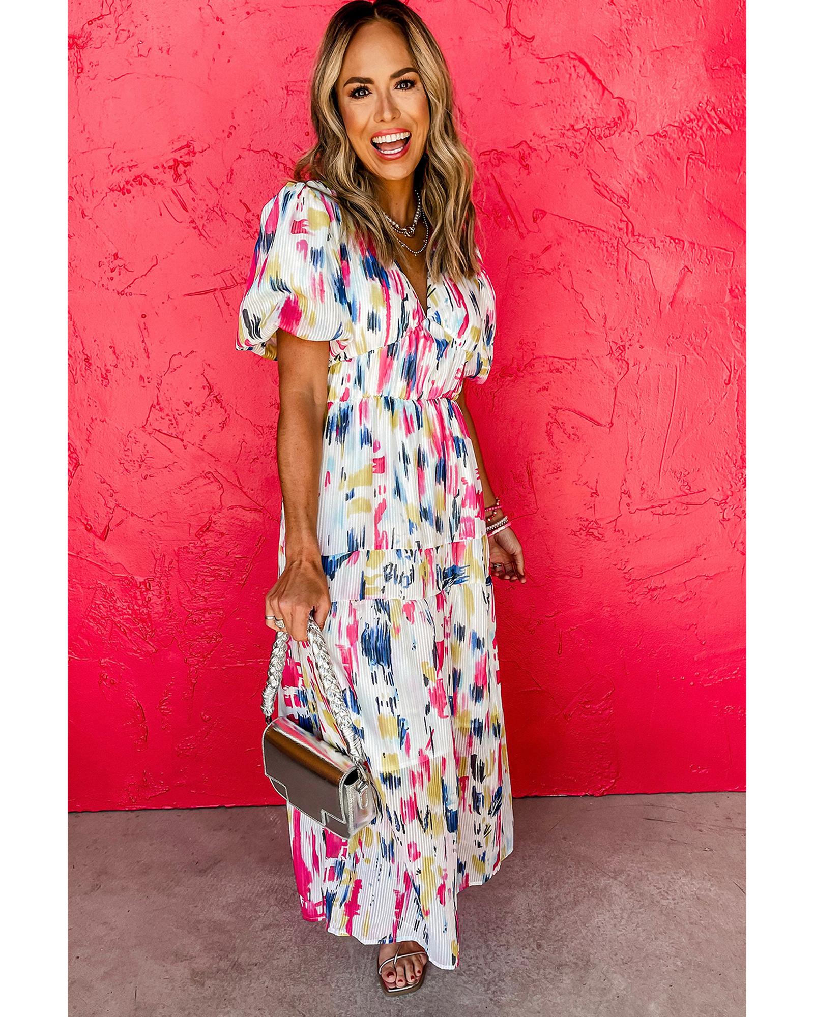 Rose Abstract Print Short Puff Sleeve Tiered Maxi Dress - S