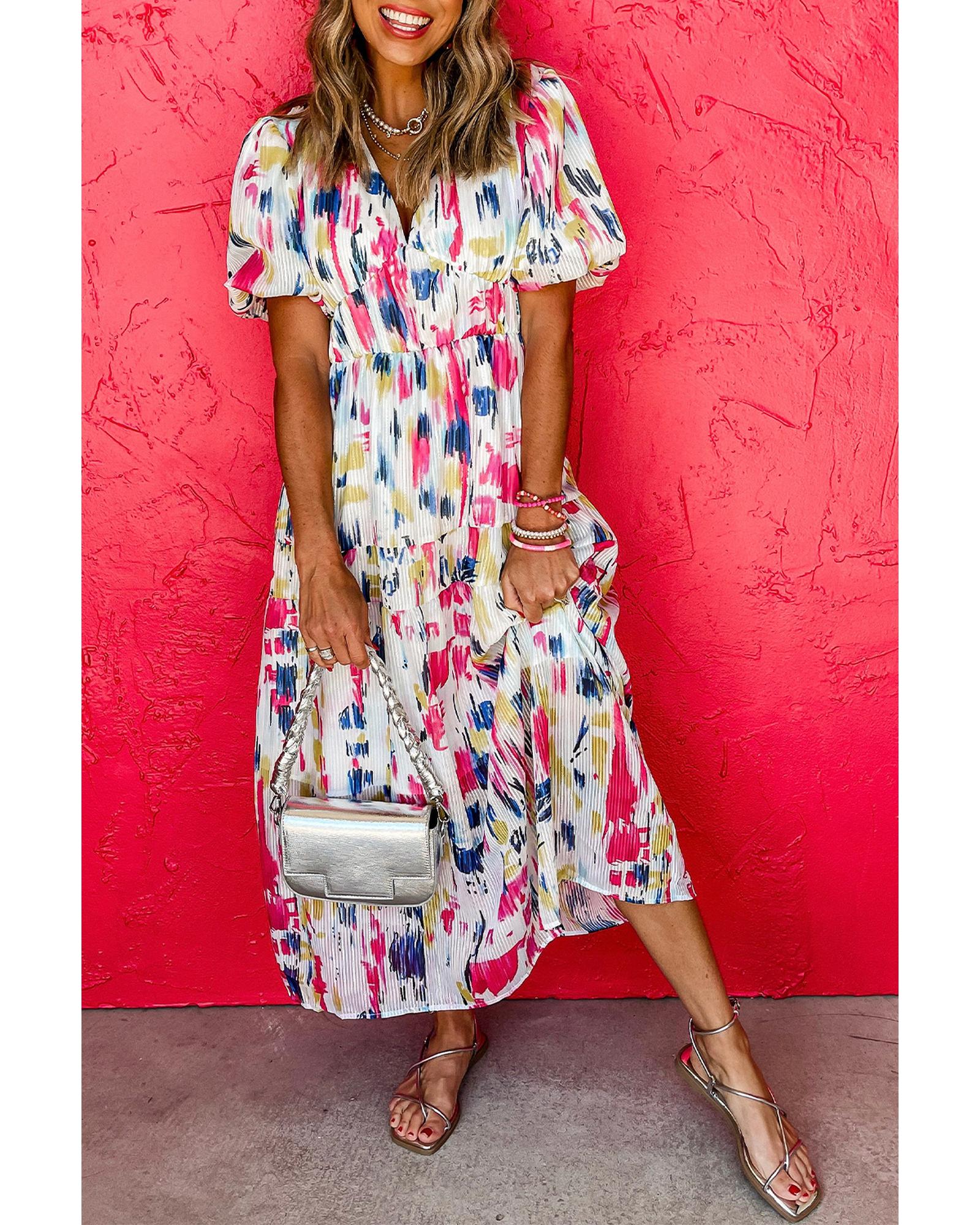 Rose Abstract Print Short Puff Sleeve Tiered Maxi Dress - XL