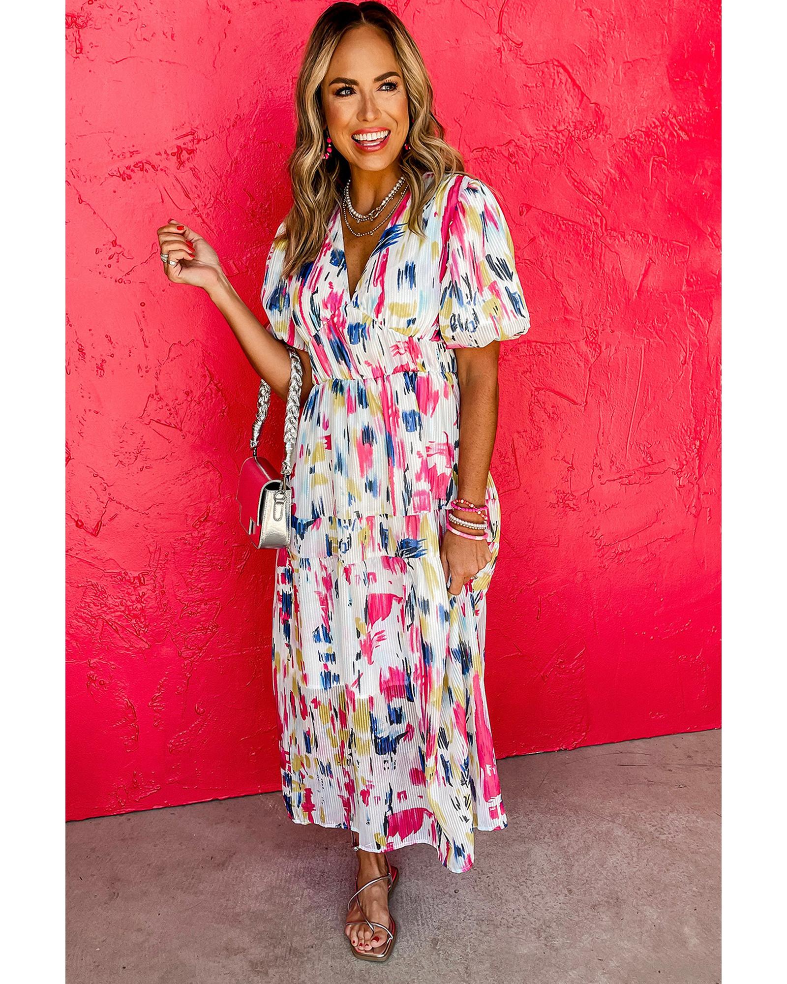 Rose Abstract Print Short Puff Sleeve Tiered Maxi Dress - XL