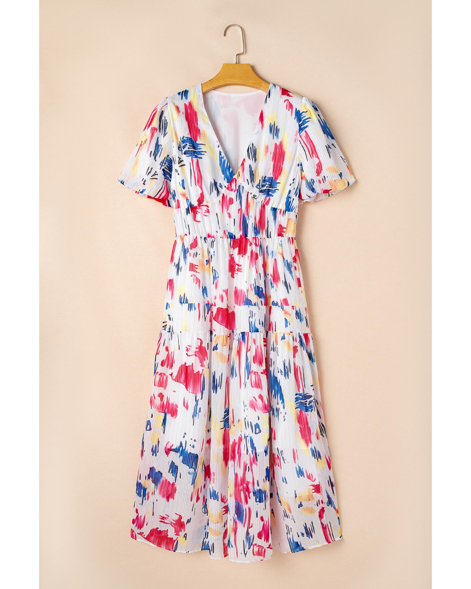 Rose Abstract Print Short Puff Sleeve Tiered Maxi Dress - XL