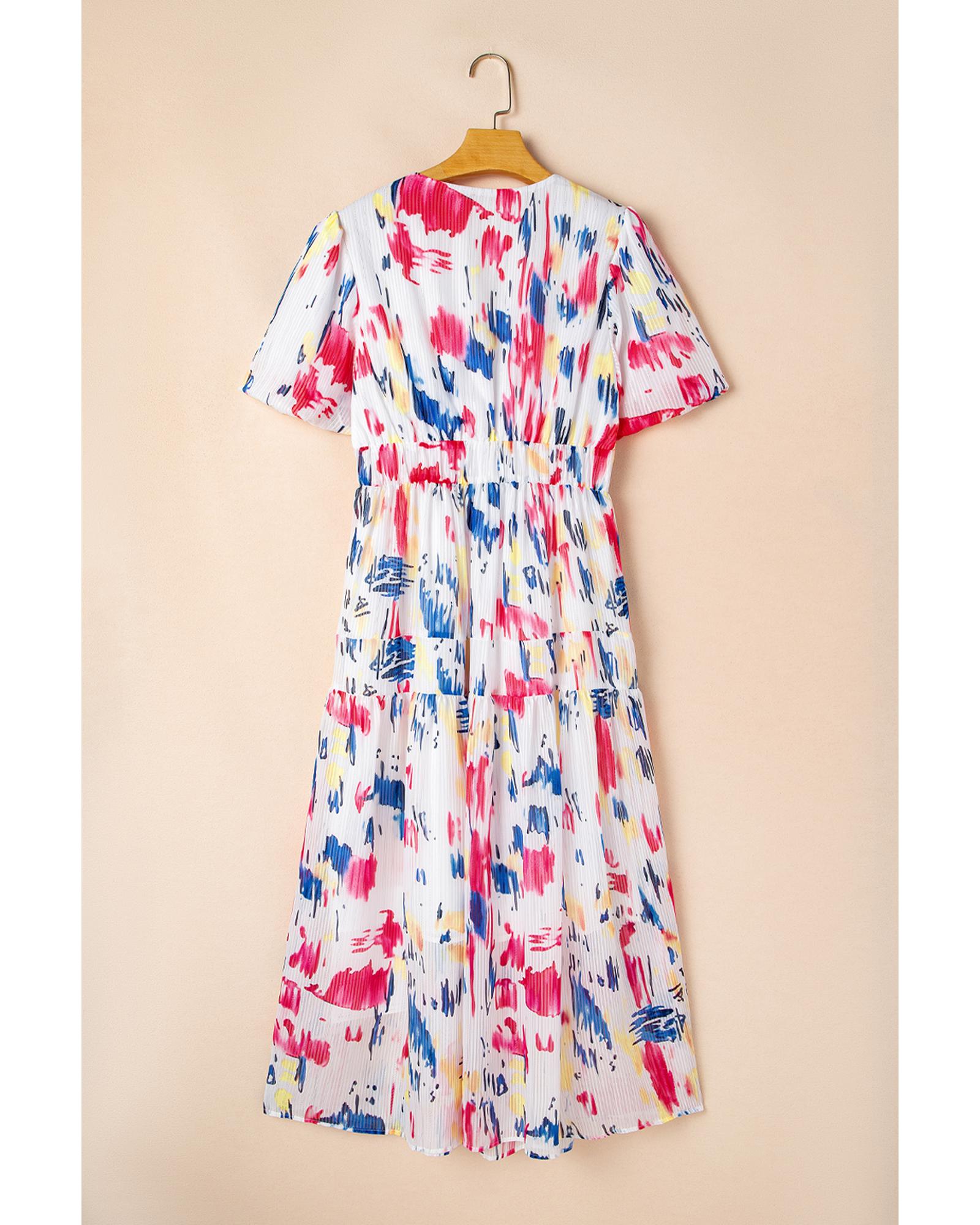 Rose Abstract Print Short Puff Sleeve Tiered Maxi Dress - XL