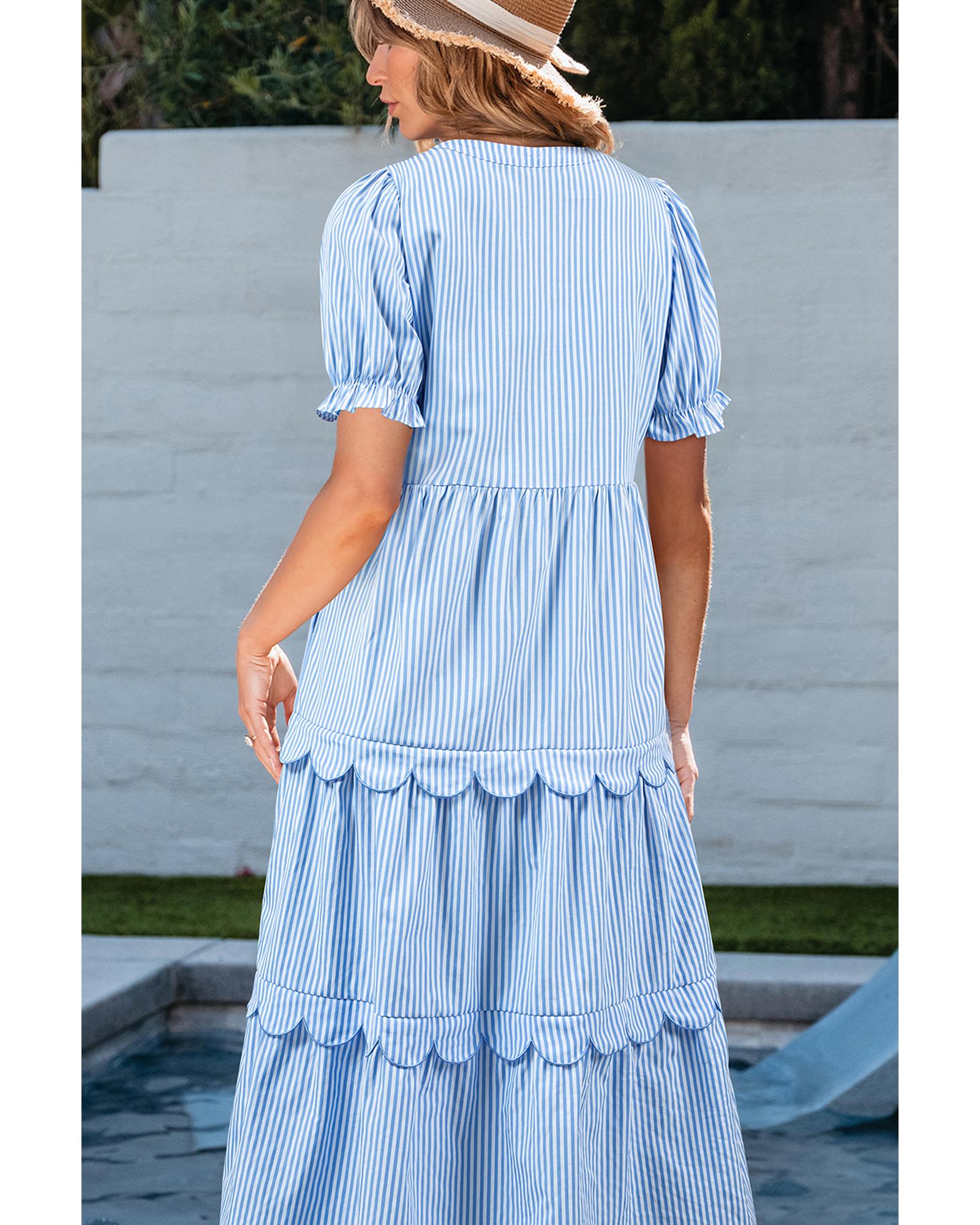 Sky Blue Stripe Bubble Short Sleeve Tiered Scallop Long Dress - M