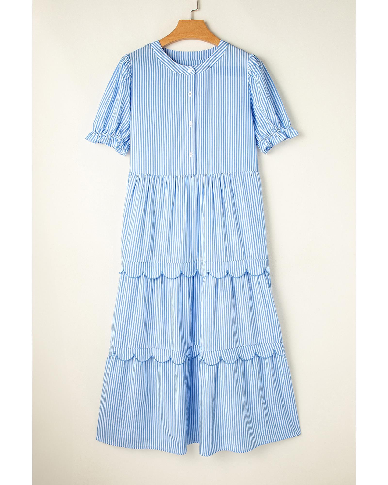 Sky Blue Stripe Bubble Short Sleeve Tiered Scallop Long Dress - M