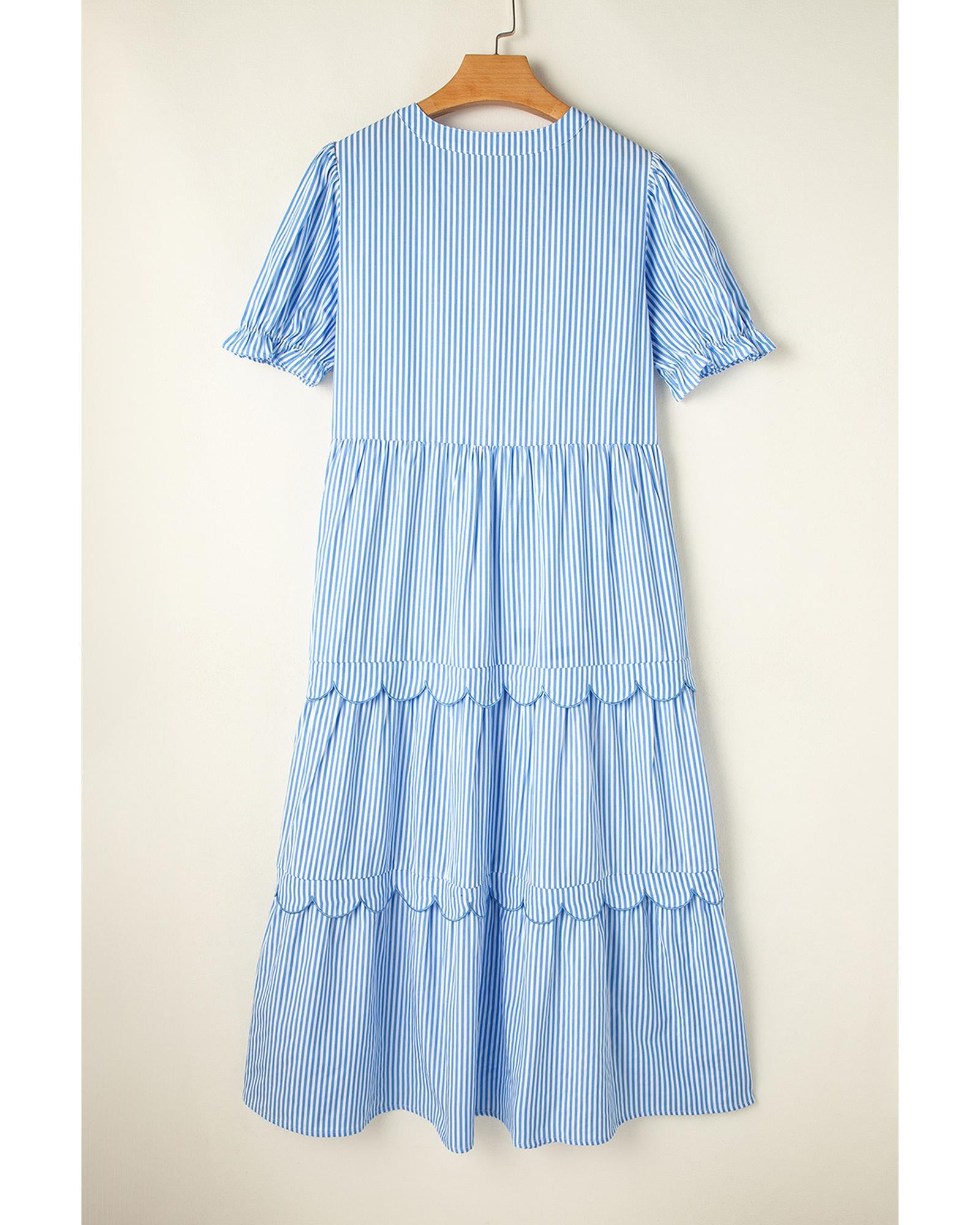 Sky Blue Stripe Bubble Short Sleeve Tiered Scallop Long Dress - M