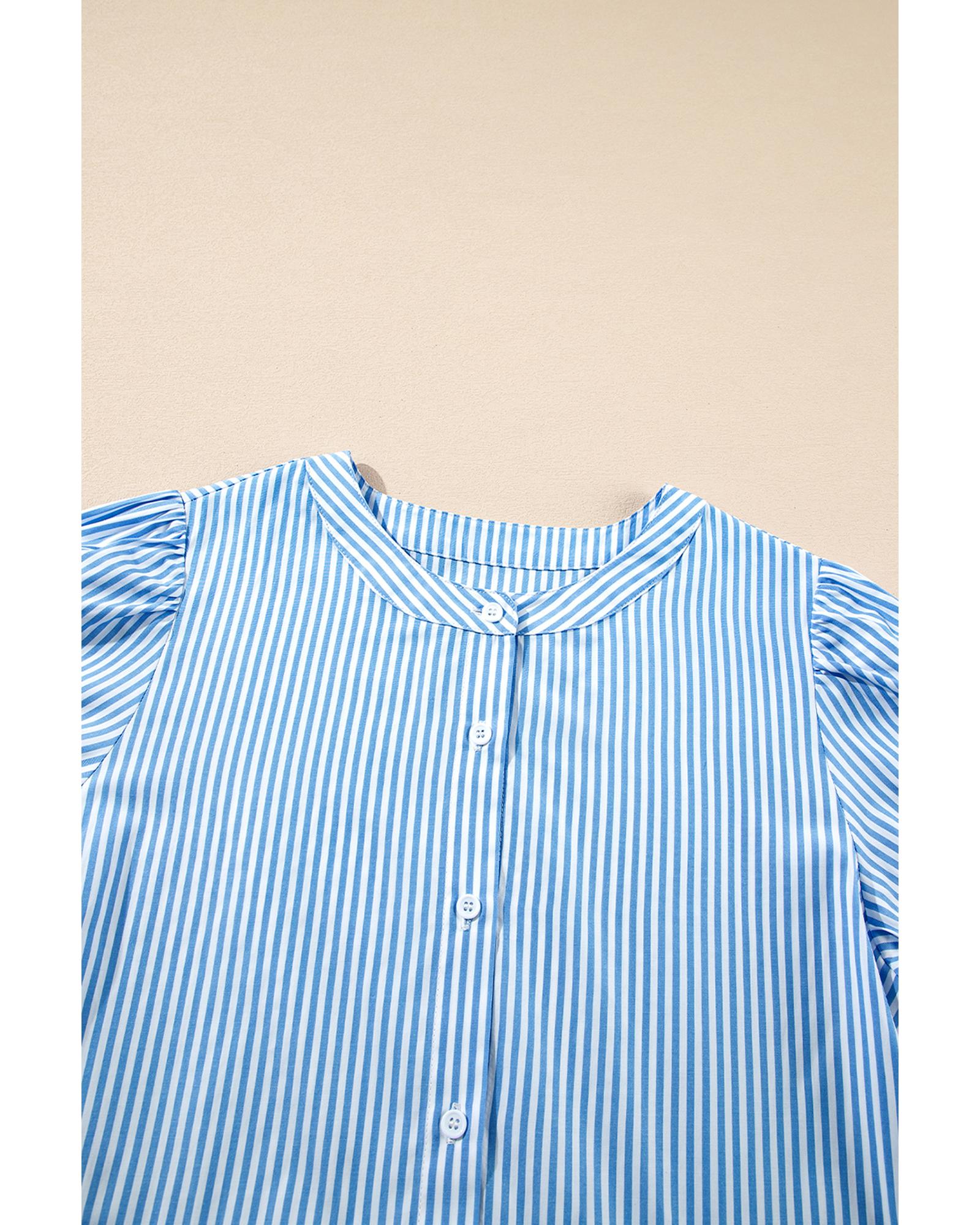 Sky Blue Stripe Bubble Short Sleeve Tiered Scallop Long Dress - M