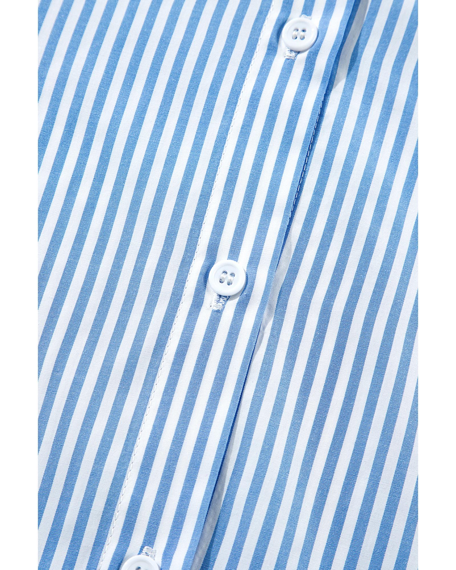 Sky Blue Stripe Bubble Short Sleeve Tiered Scallop Long Dress - M