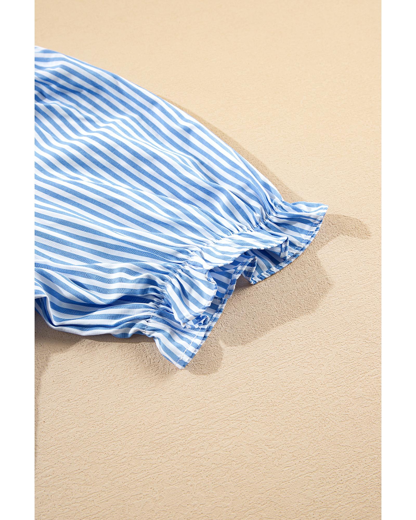 Sky Blue Stripe Bubble Short Sleeve Tiered Scallop Long Dress - M