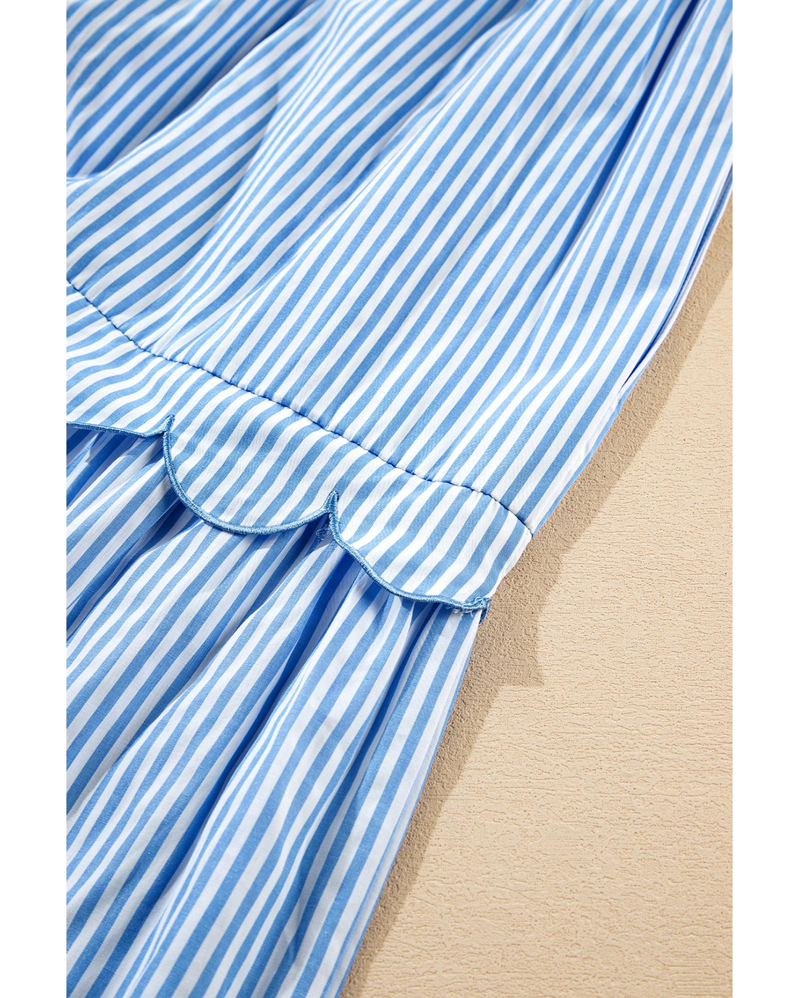 Sky Blue Stripe Bubble Short Sleeve Tiered Scallop Long Dress - M