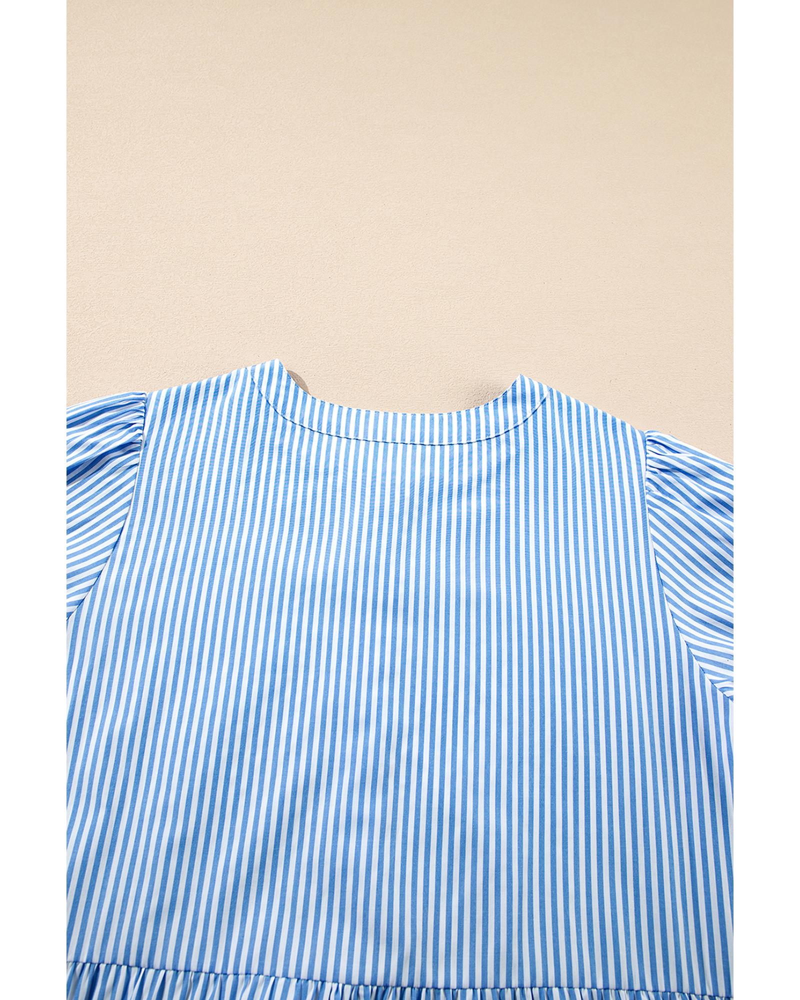 Sky Blue Stripe Bubble Short Sleeve Tiered Scallop Long Dress - M