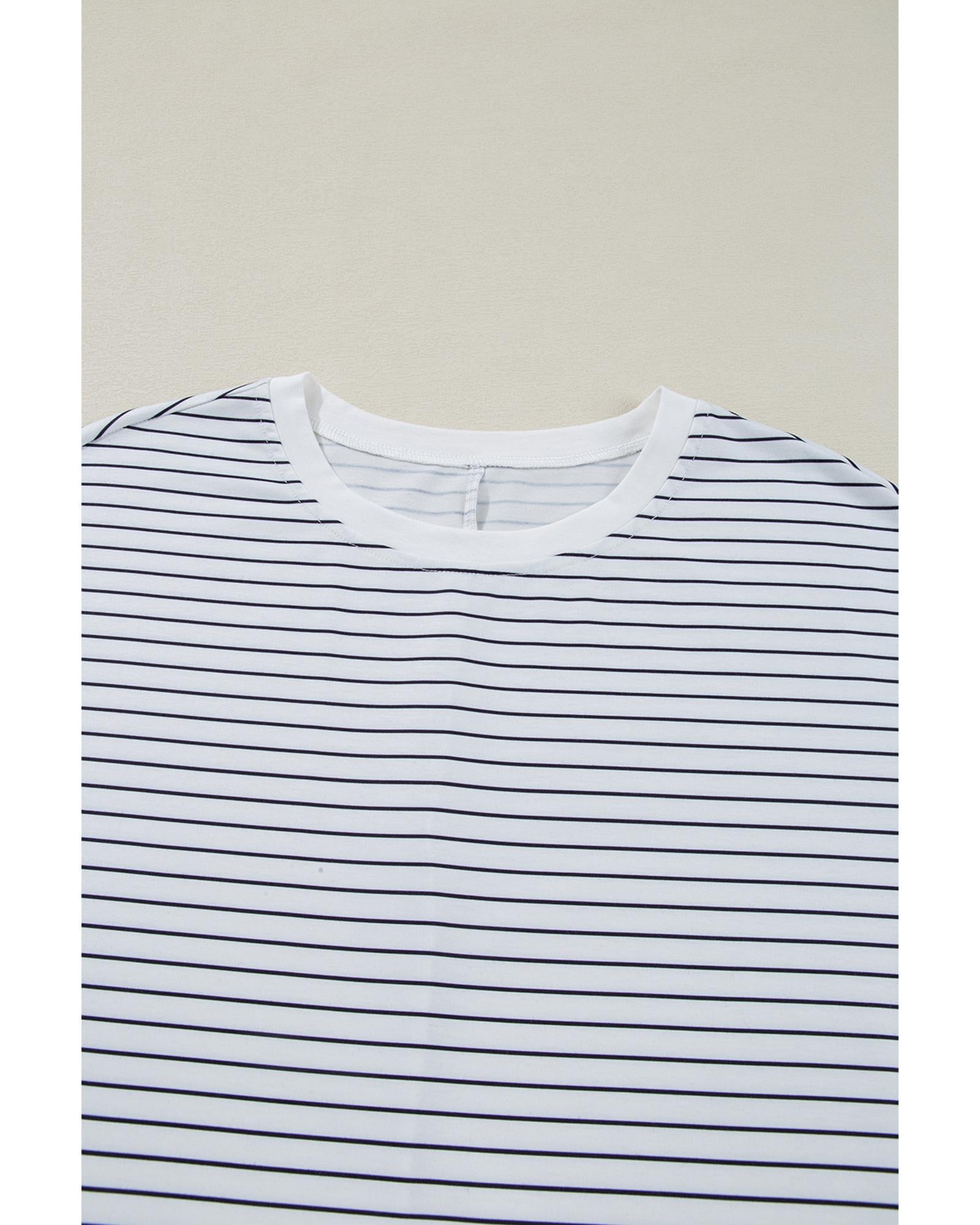 White Stripe Ruffled Short Sleeve Crew Neck T Shirt Shift Mini Dress - L