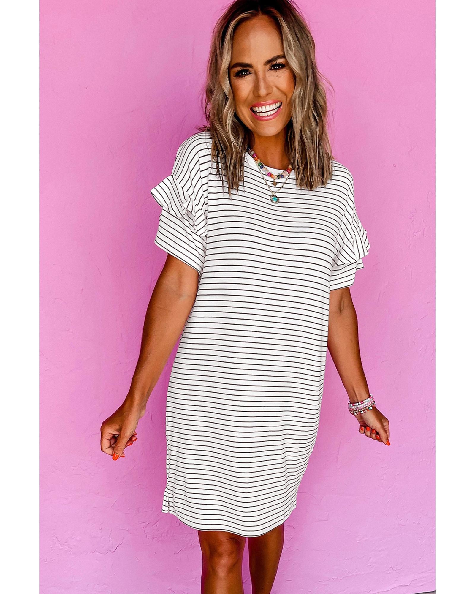 White Stripe Ruffled Short Sleeve Crew Neck T Shirt Shift Mini Dress - L