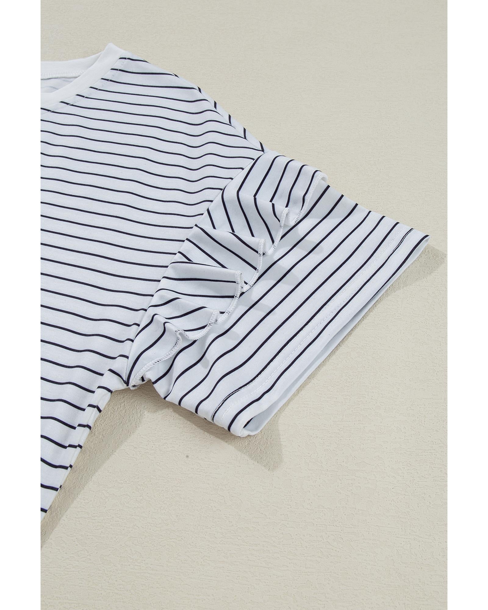 White Stripe Ruffled Short Sleeve Crew Neck T Shirt Shift Mini Dress - M