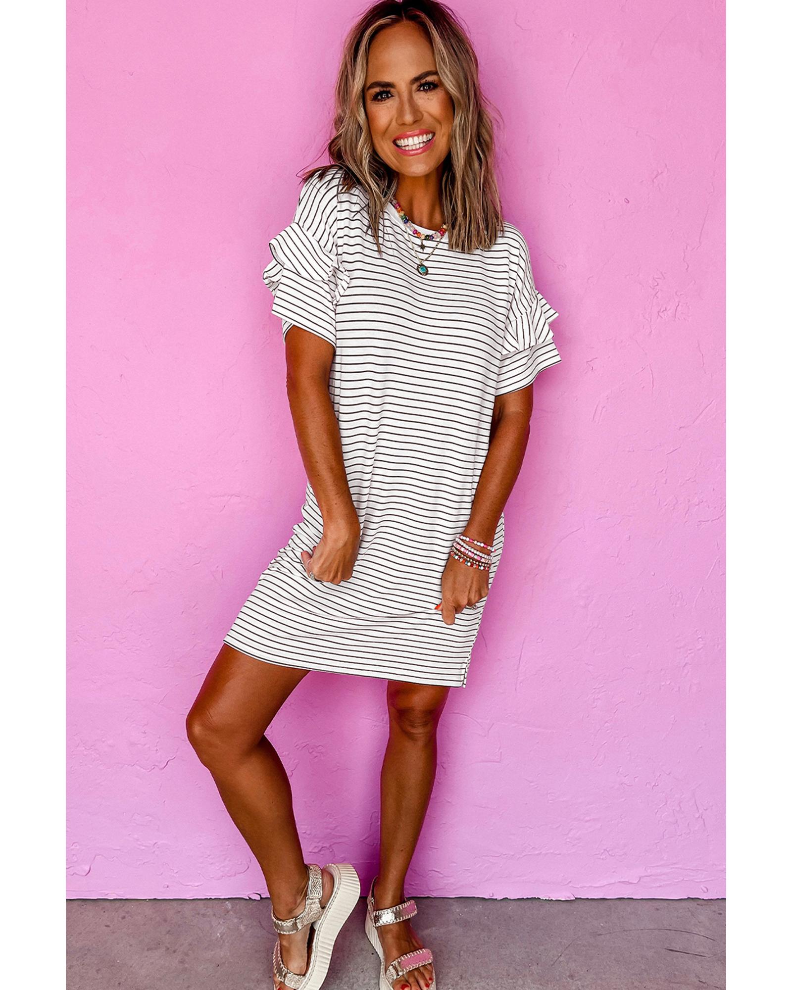 White Stripe Ruffled Short Sleeve Crew Neck T Shirt Shift Mini Dress - M